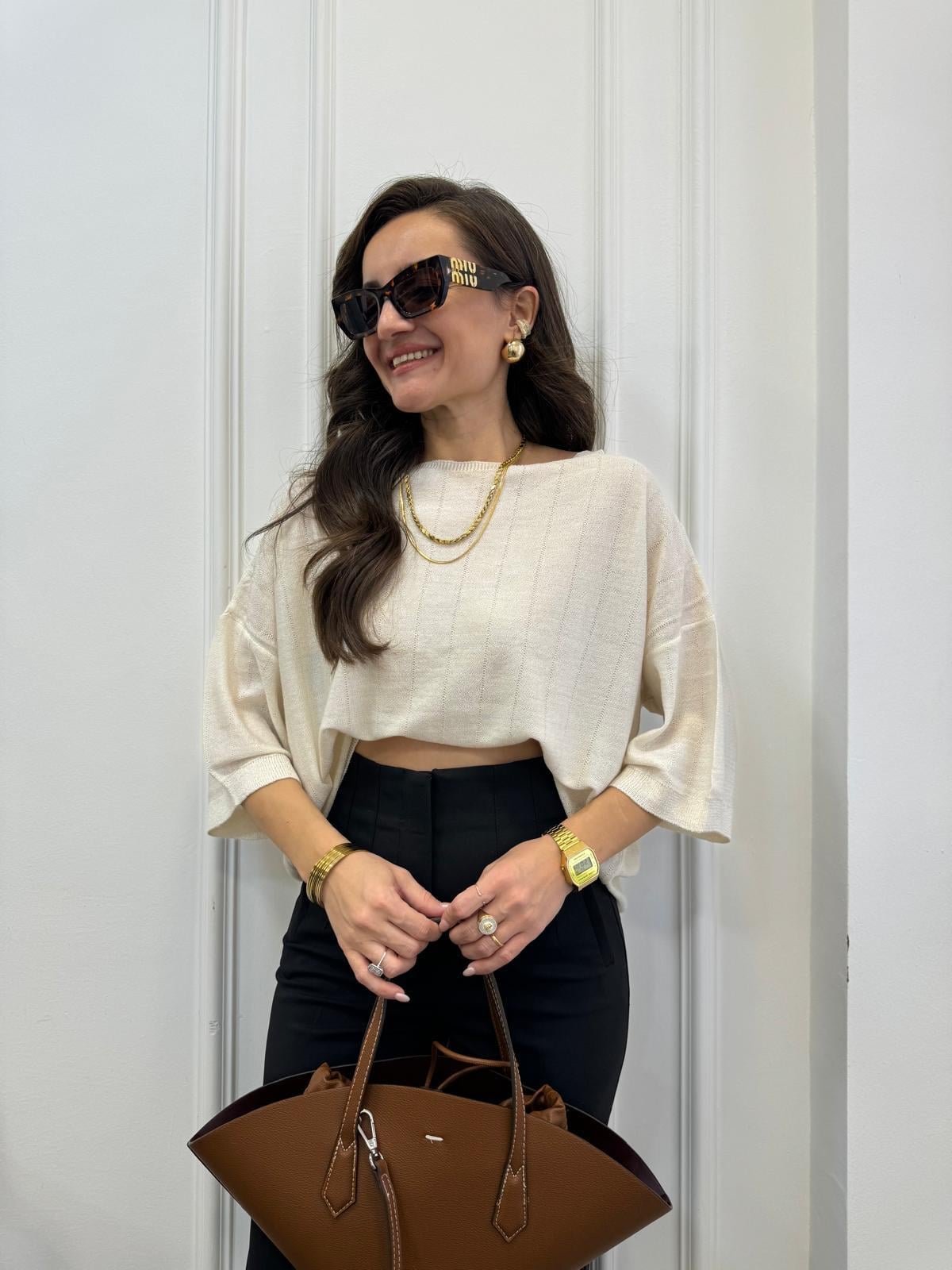 Krem Geniş Yaka Kısa Kollu Triko Bluz 241046
