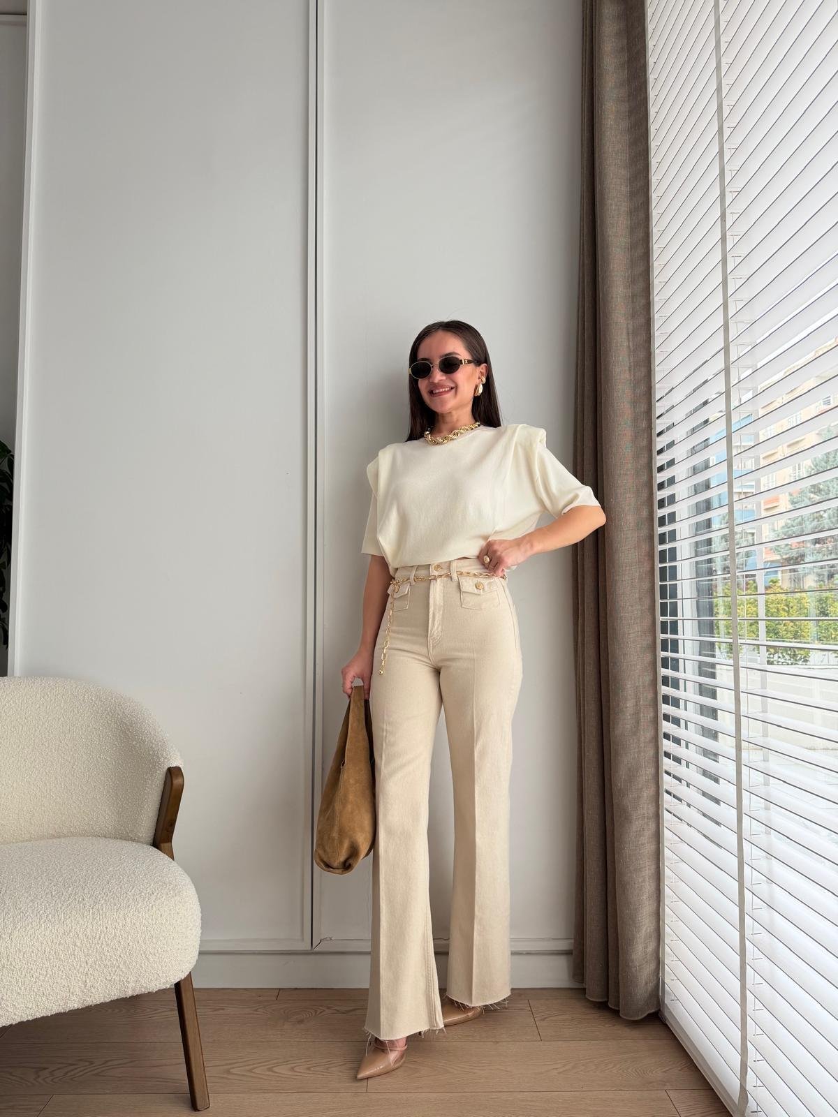 Krem Gold Kemerli Wide Leg Jean 8158