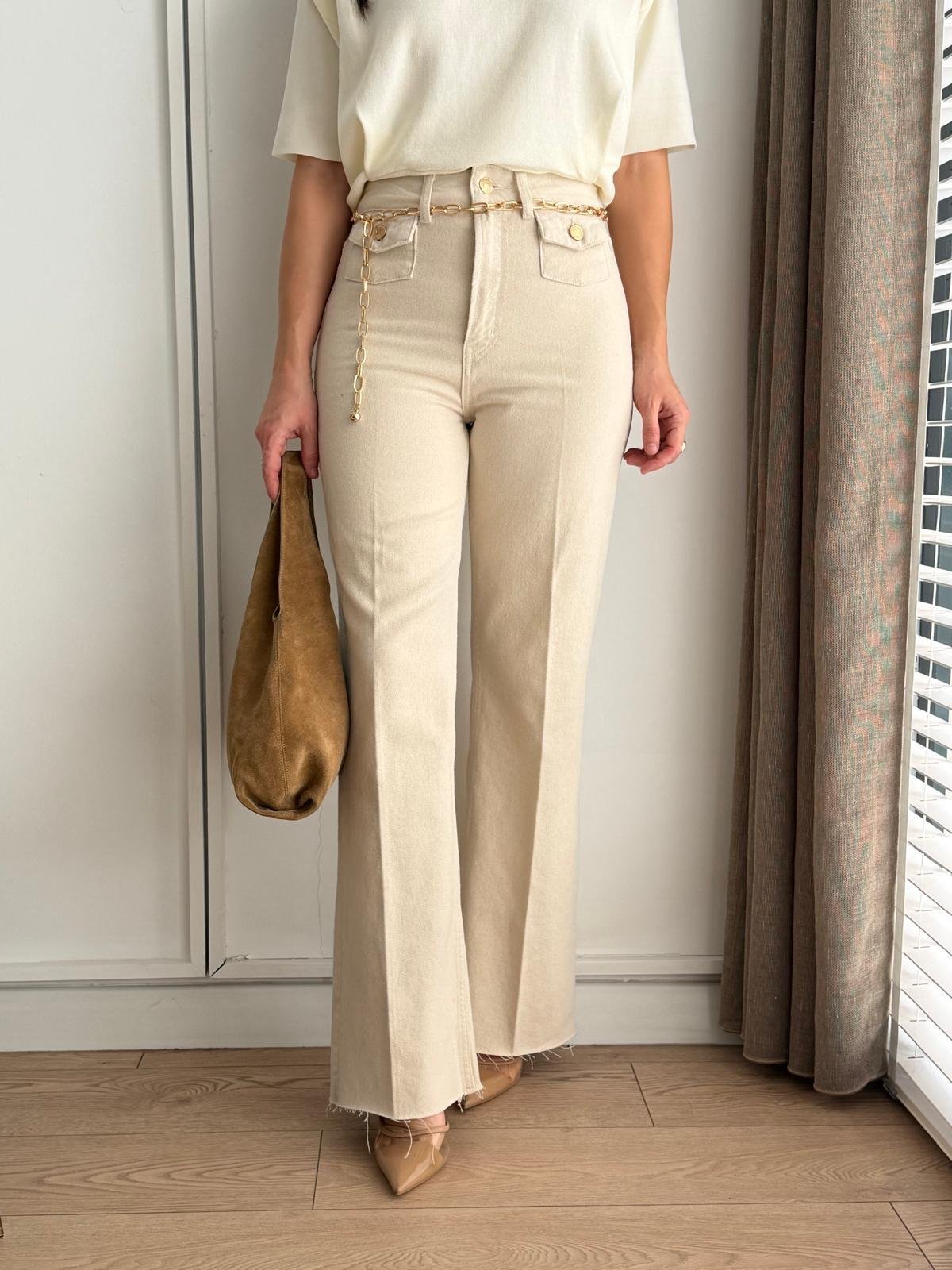 Krem Gold Kemerli Wide Leg Jean 8158