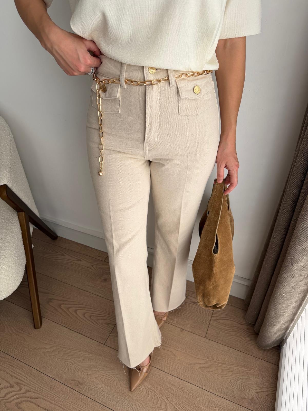 Krem Gold Kemerli Wide Leg Jean 8158