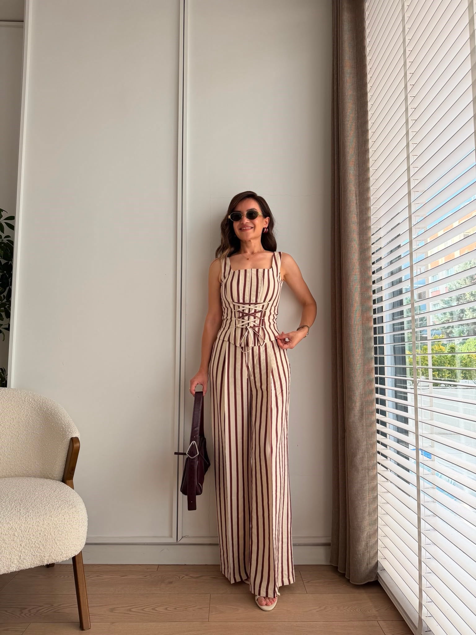 Krem İnce Çizgili Crop Takım 8268