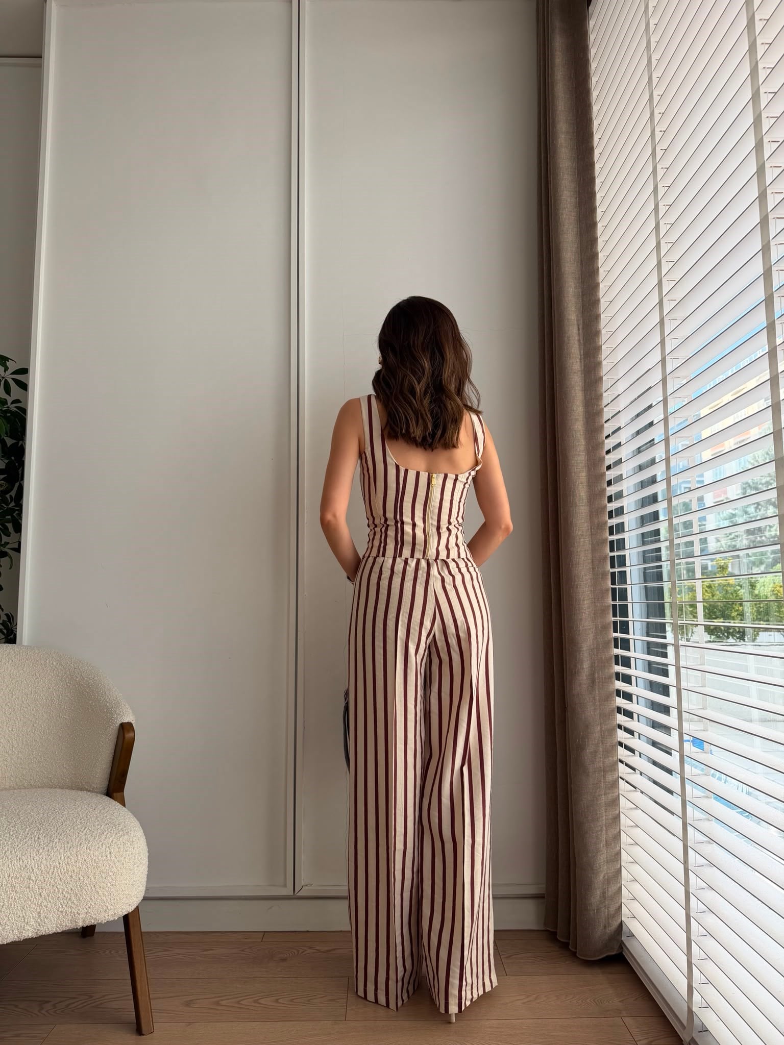 Krem İnce Çizgili Crop Takım 8268