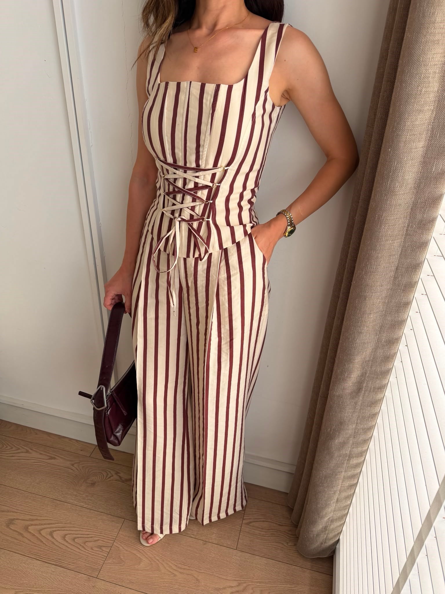 Krem İnce Çizgili Crop Takım 8268