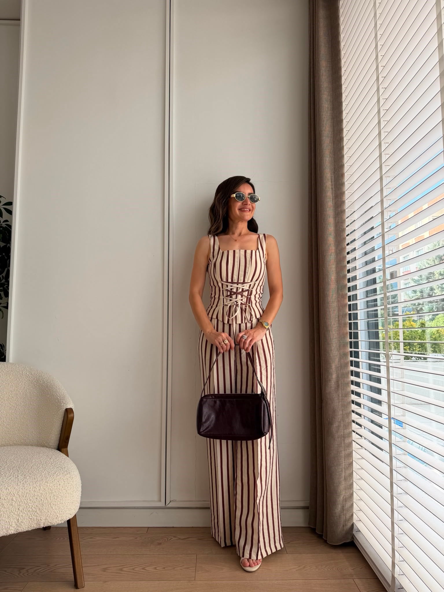 Krem İnce Çizgili Crop Takım 8268
