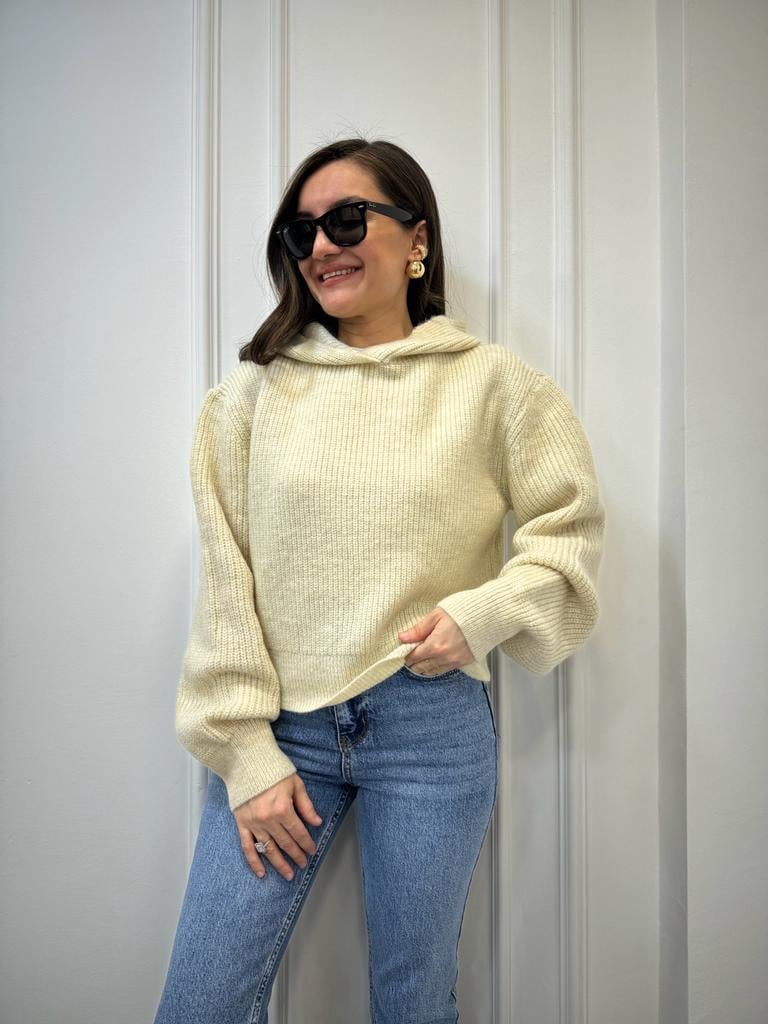 Krem Kapüşonlu Oversize Kazak 2007