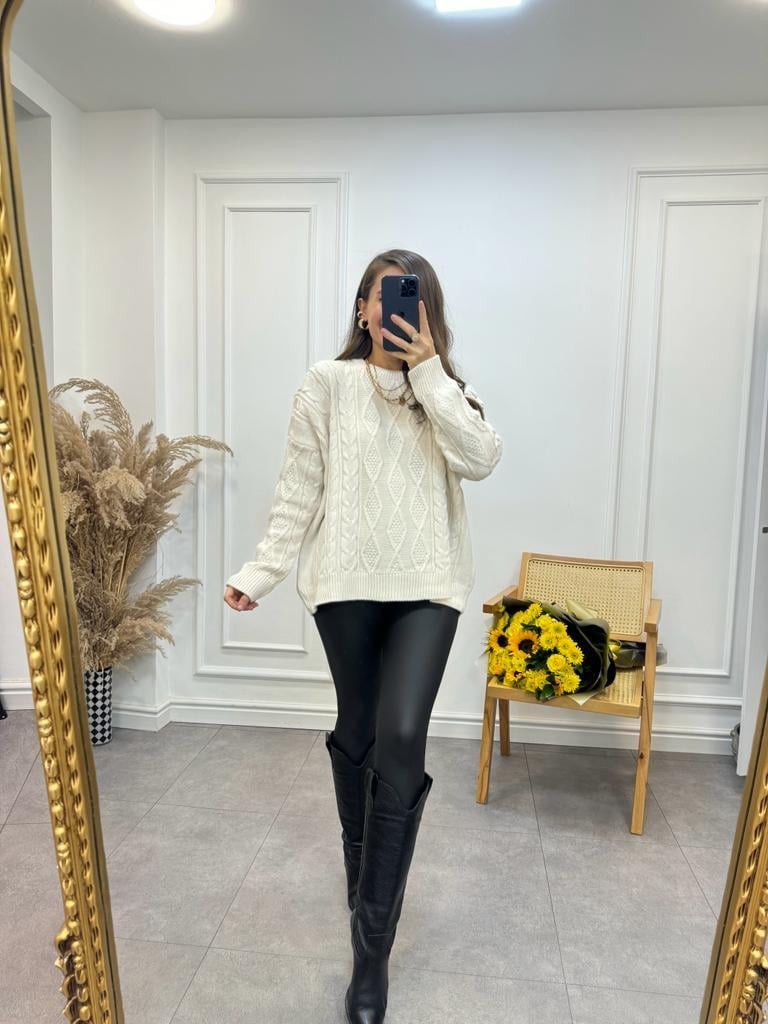 Krem Oversize Örme Kazak 3762