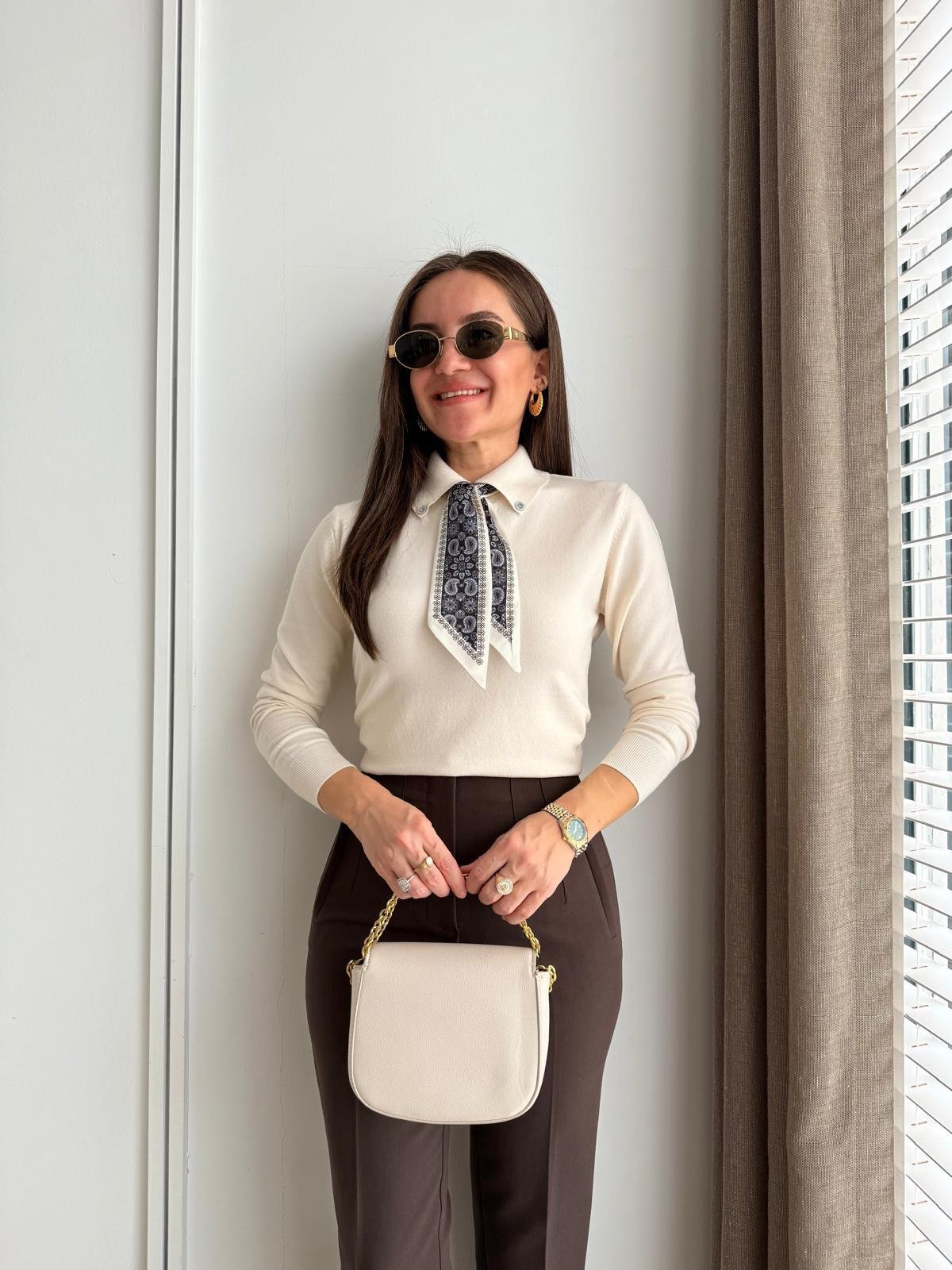 Krem Polo Yaka Fular Detaylı Triko Kazak 140518