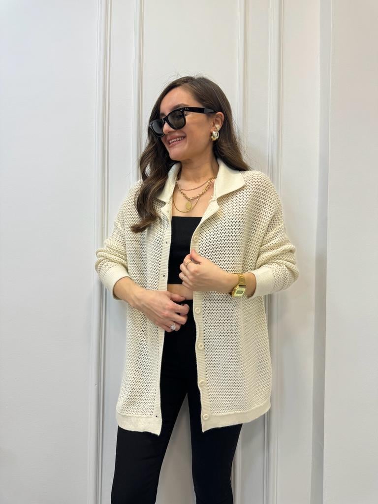 Krem Polo Yaka Önü Düğmeli Ajurlu Oversize Hırka 4194