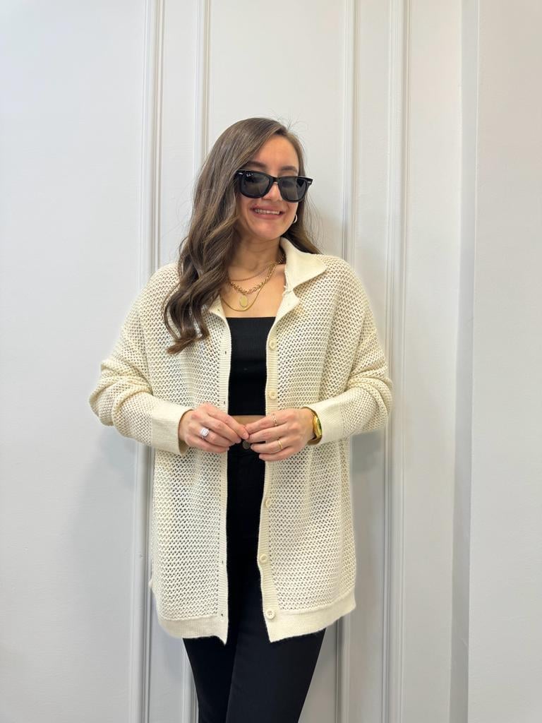 Krem Polo Yaka Önü Düğmeli Ajurlu Oversize Hırka 4194