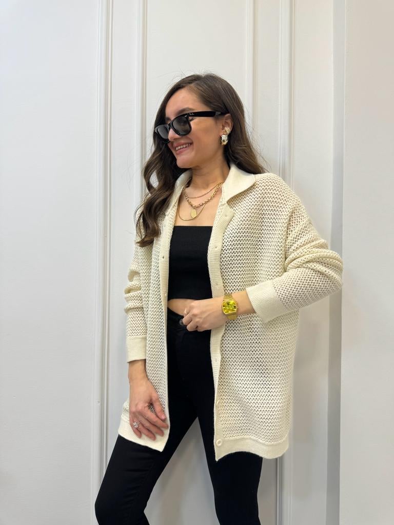 Krem Polo Yaka Önü Düğmeli Ajurlu Oversize Hırka 4194