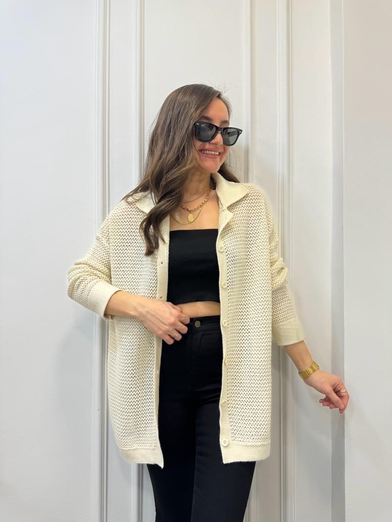 Krem Polo Yaka Önü Düğmeli Ajurlu Oversize Hırka 4194