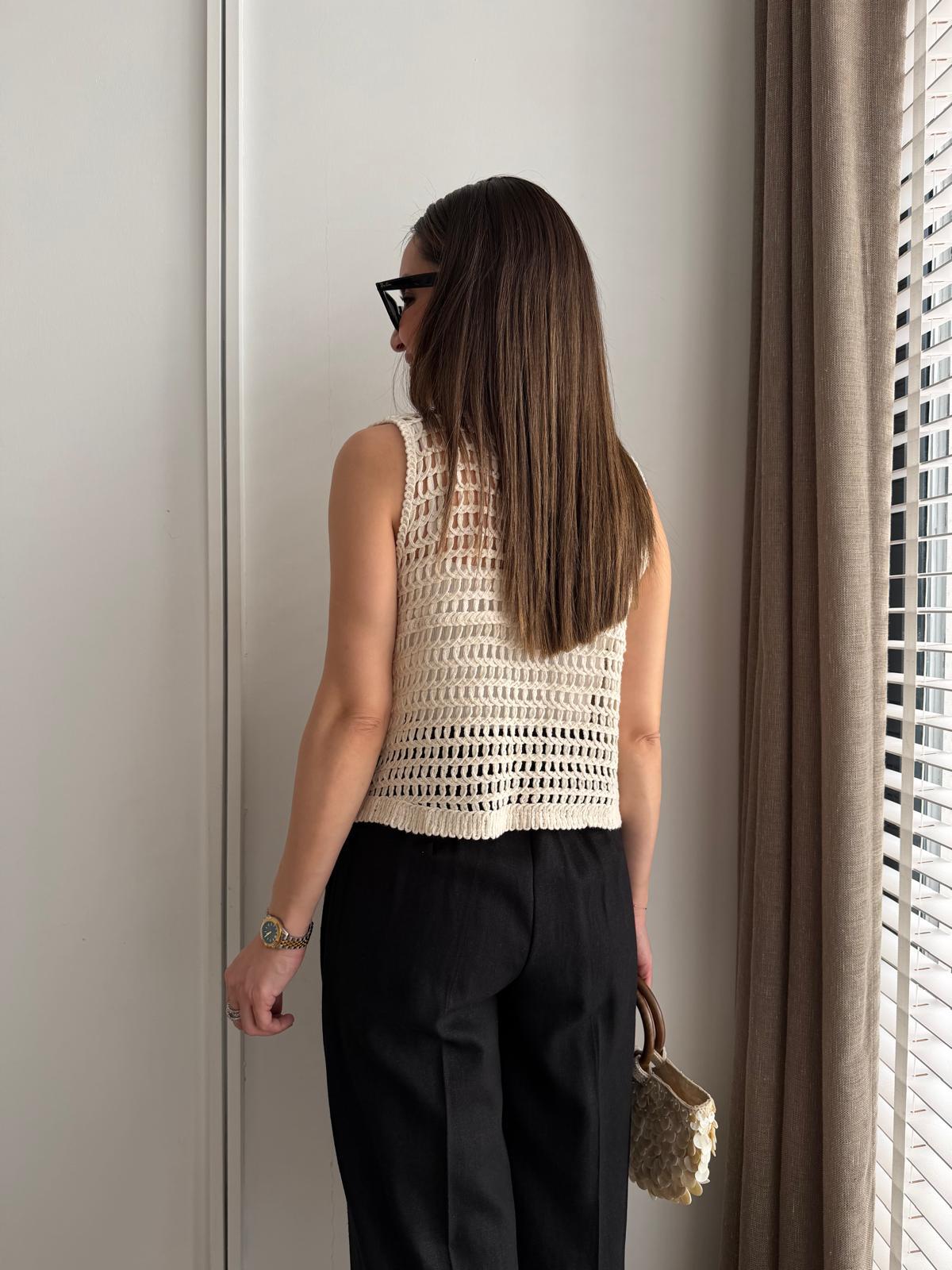 Krem Pul İşlemeli Örme Yelek 39640