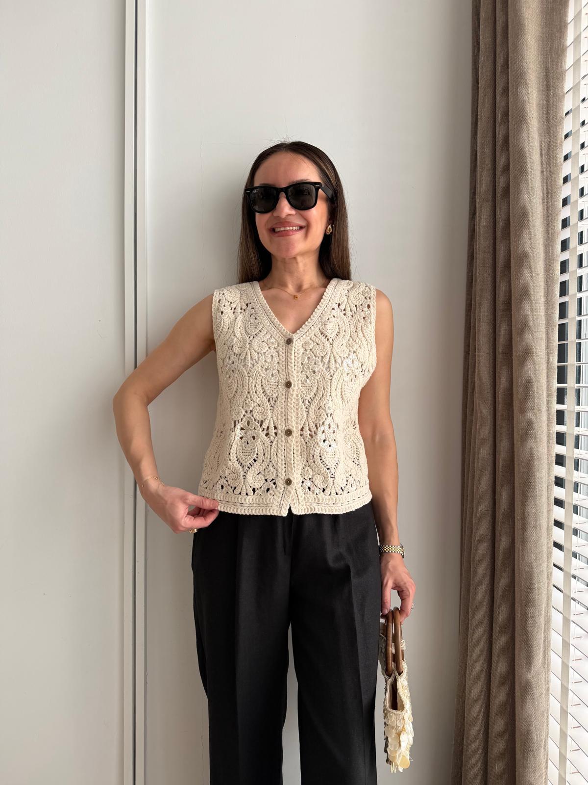 Krem Pul İşlemeli Örme Yelek 39640