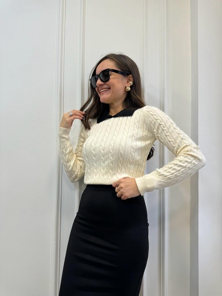Krem Yaka Detaylı Triko Bluz 4150