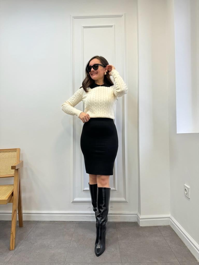 Krem Yaka Detaylı Triko Bluz 4150