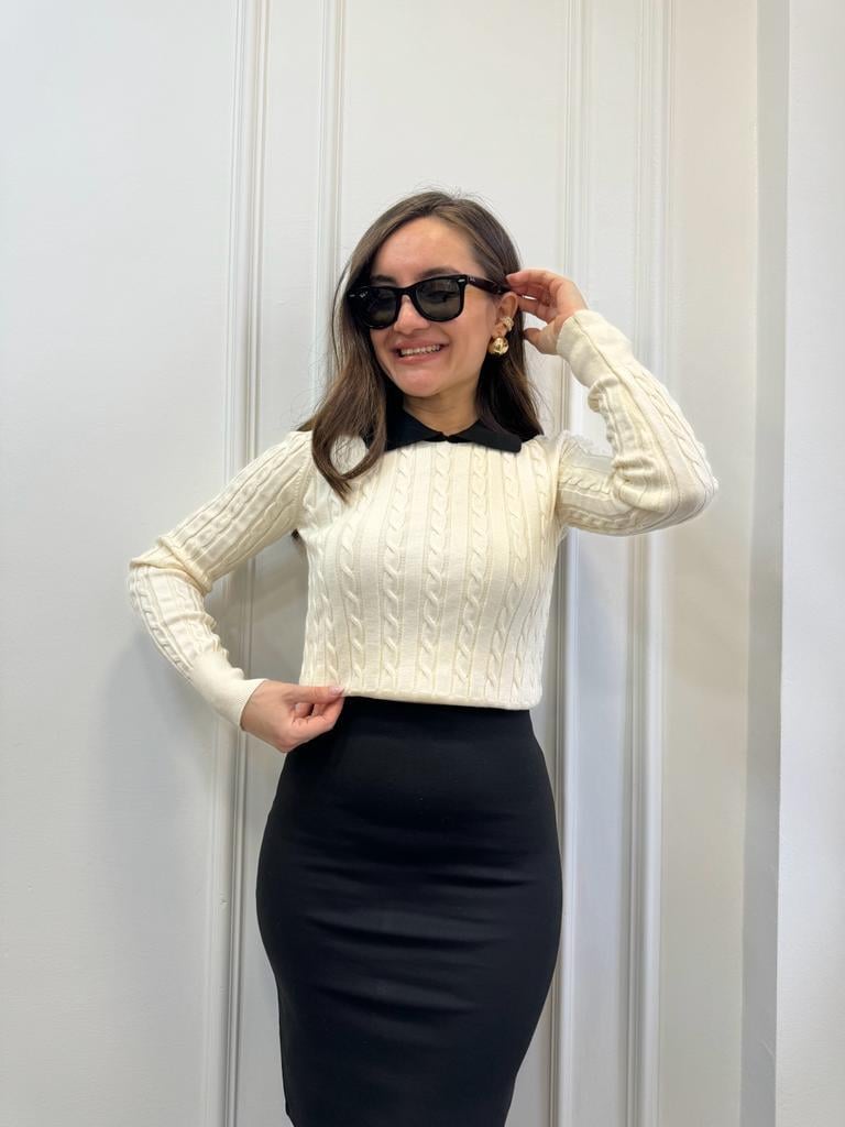 Krem Yaka Detaylı Triko Bluz 4150