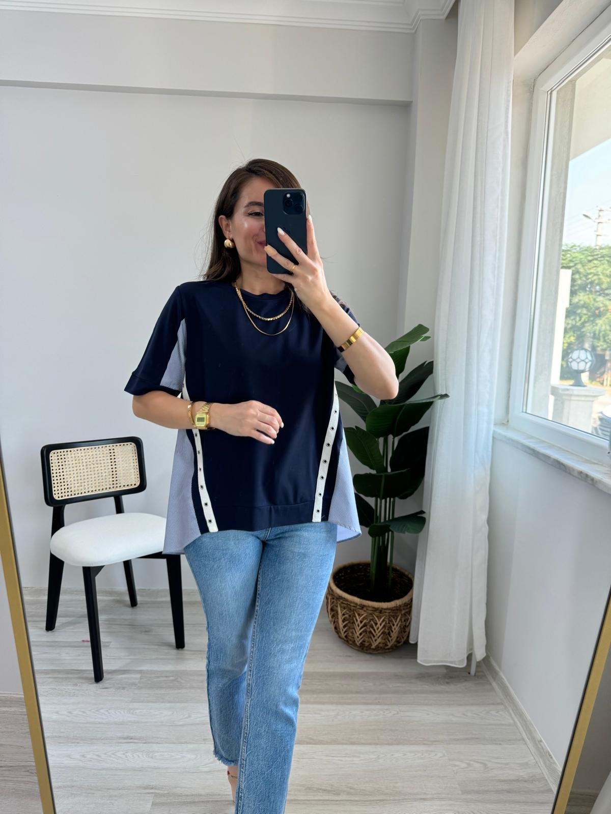 Lacivert Arkası Gömlek Detaylı Tasarım Bluz 2928