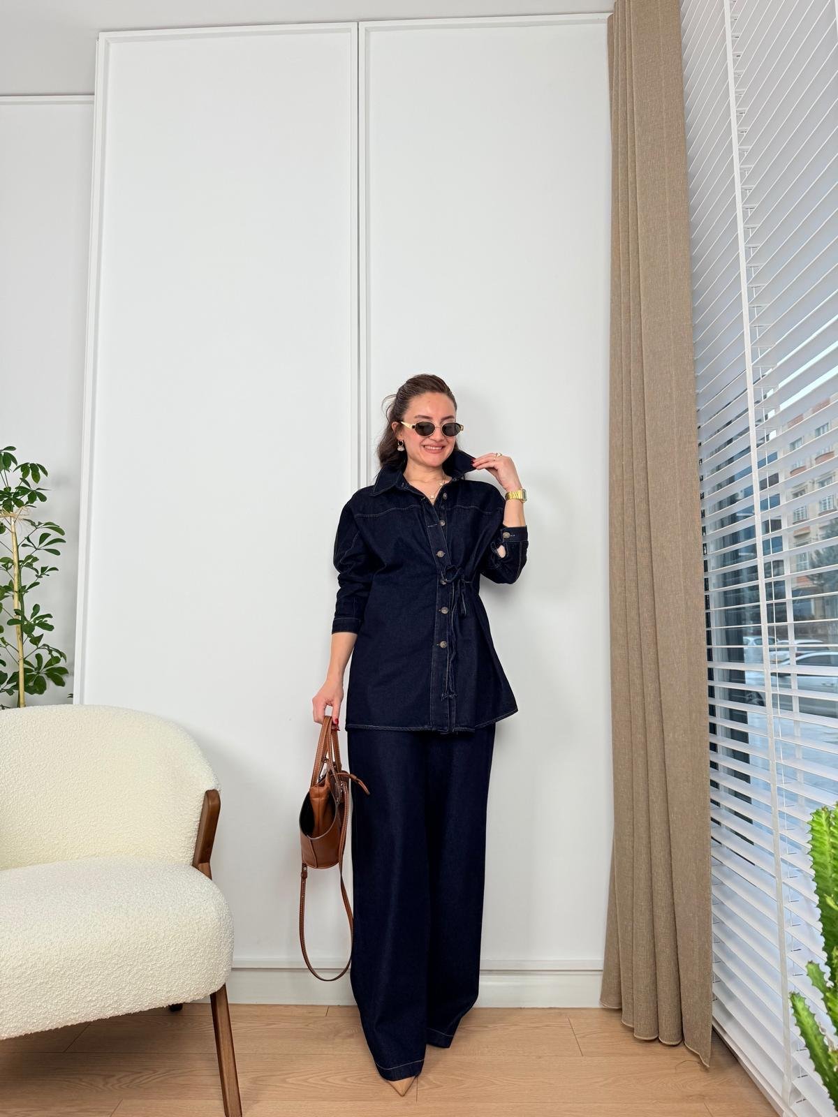 Lacivert Bağlama Detay Denim Takım 8622