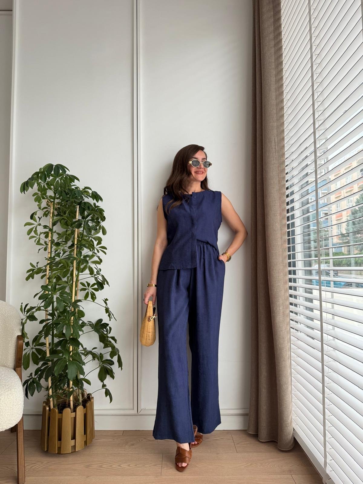 Lacivert Bambu Kumaş Düğmeli Bluz Pantolon Takım 505