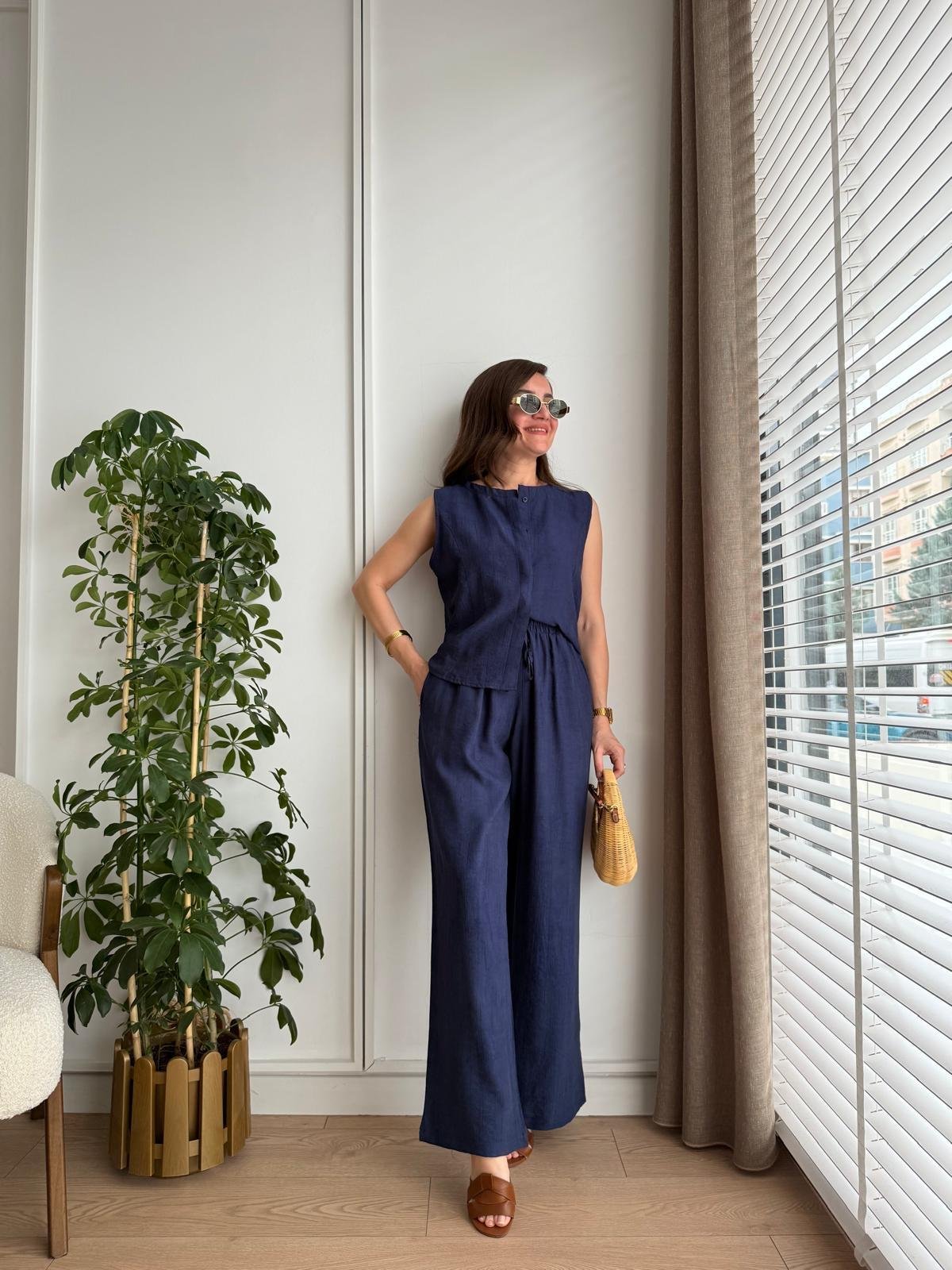 Lacivert Bambu Kumaş Düğmeli Bluz Pantolon Takım 505