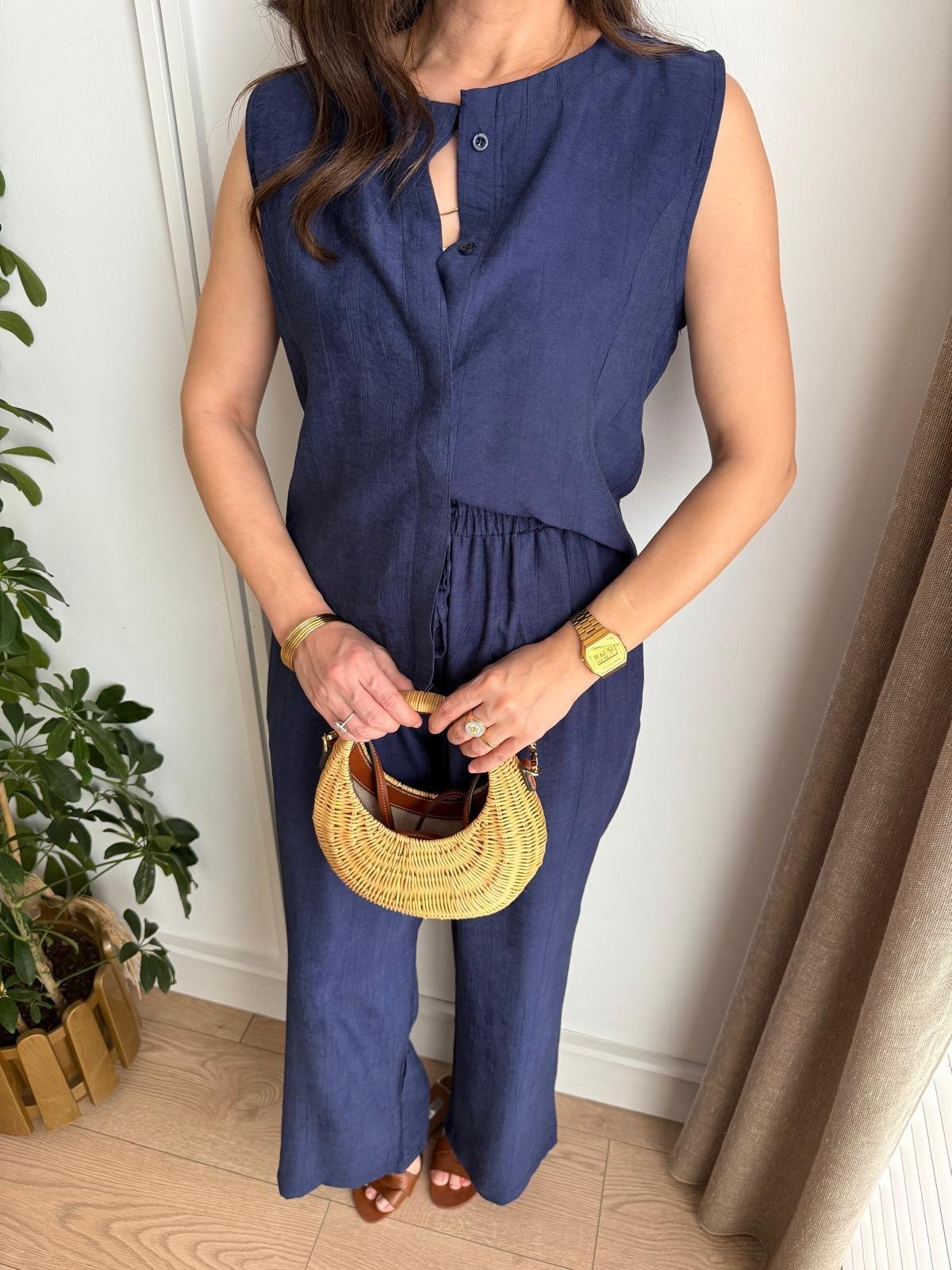 Lacivert Bambu Kumaş Düğmeli Bluz Pantolon Takım 505