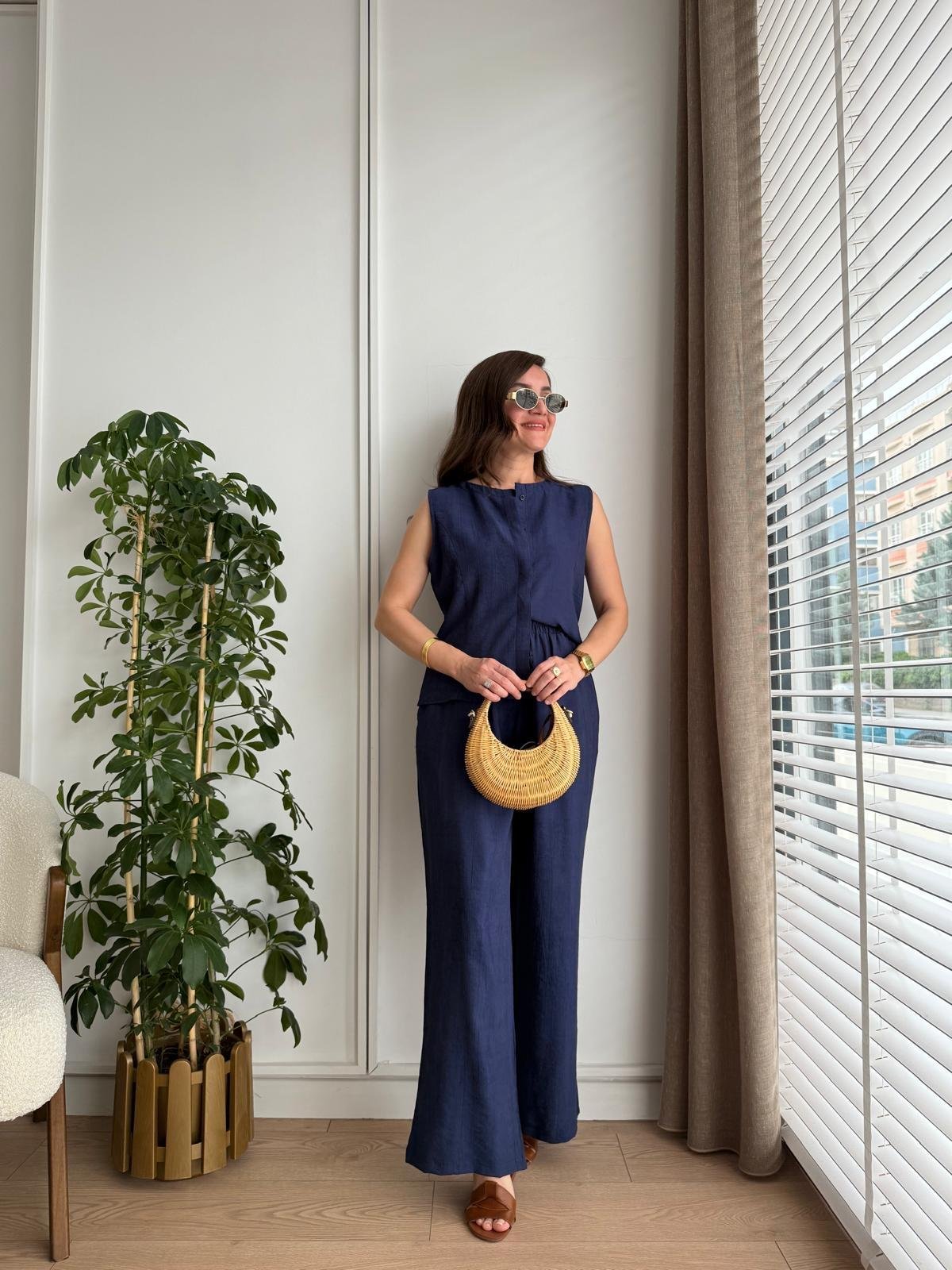 Lacivert Bambu Kumaş Düğmeli Bluz Pantolon Takım 505