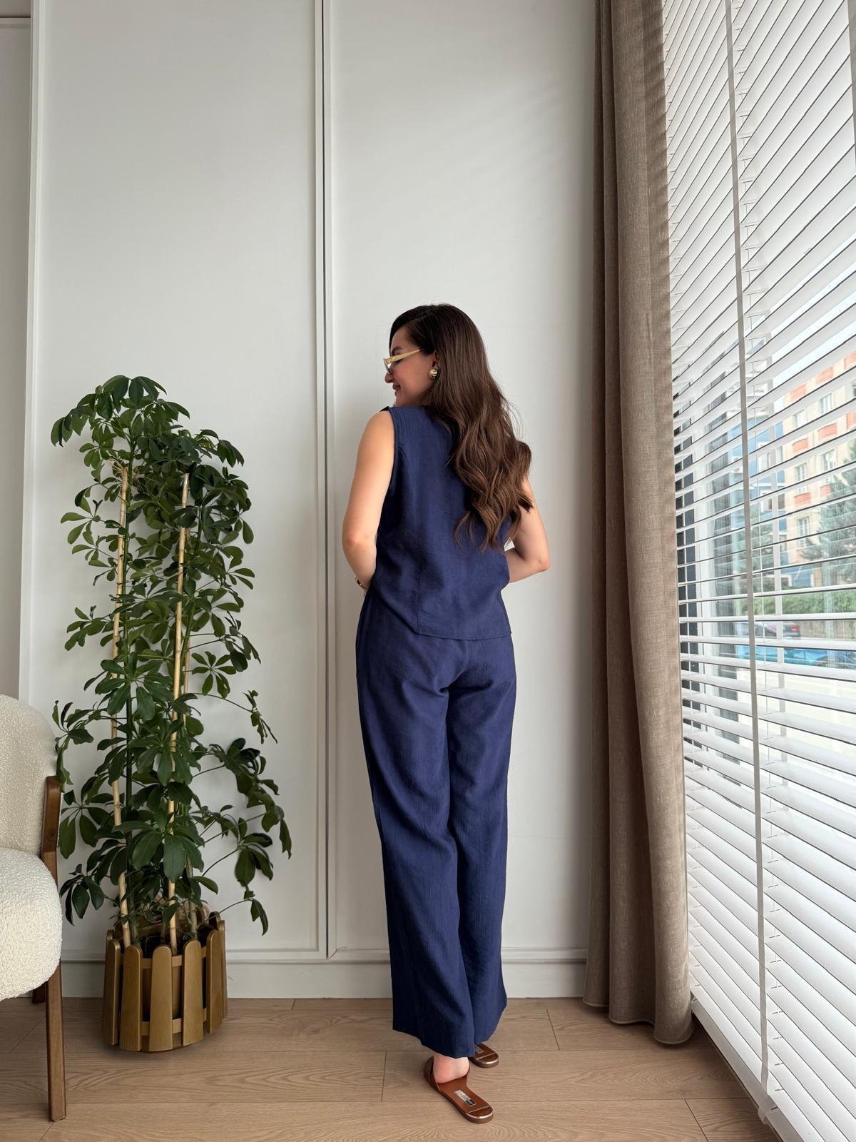 Lacivert Bambu Kumaş Düğmeli Bluz Pantolon Takım 505