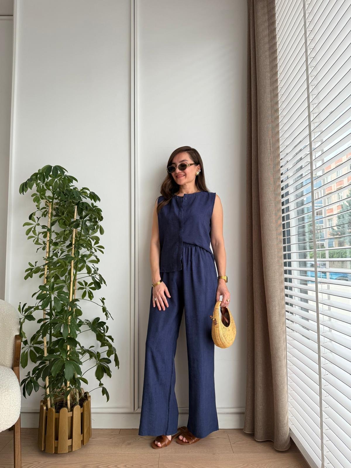 Lacivert Bambu Kumaş Düğmeli Bluz Pantolon Takım 505