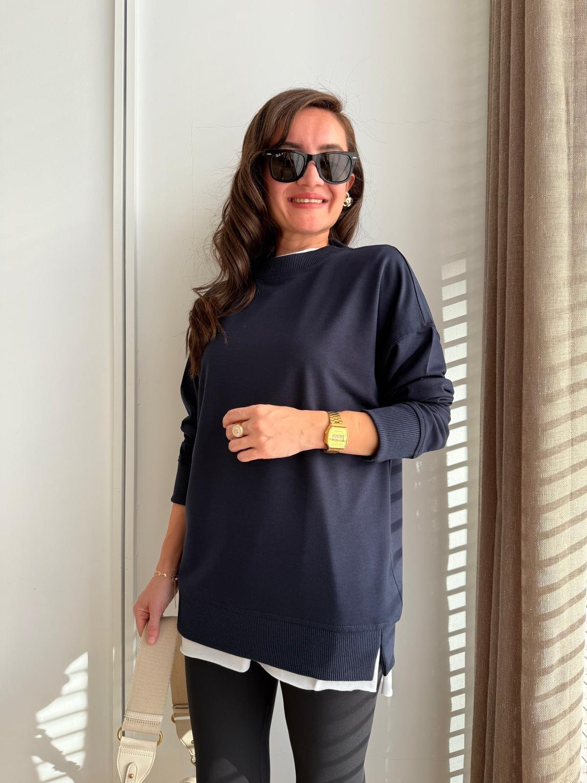 Lacivert Basic İki İplik Sweatshirt 9002