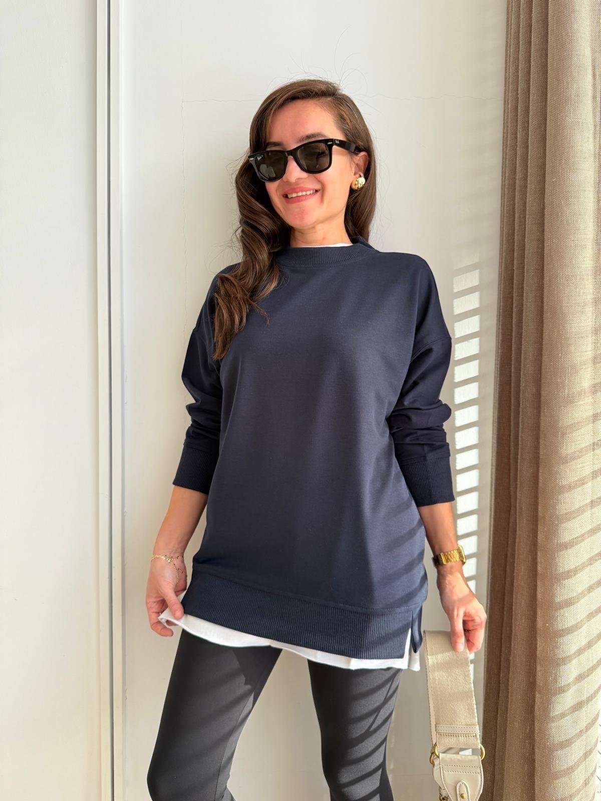 Lacivert Basic İki İplik Sweatshirt 9002