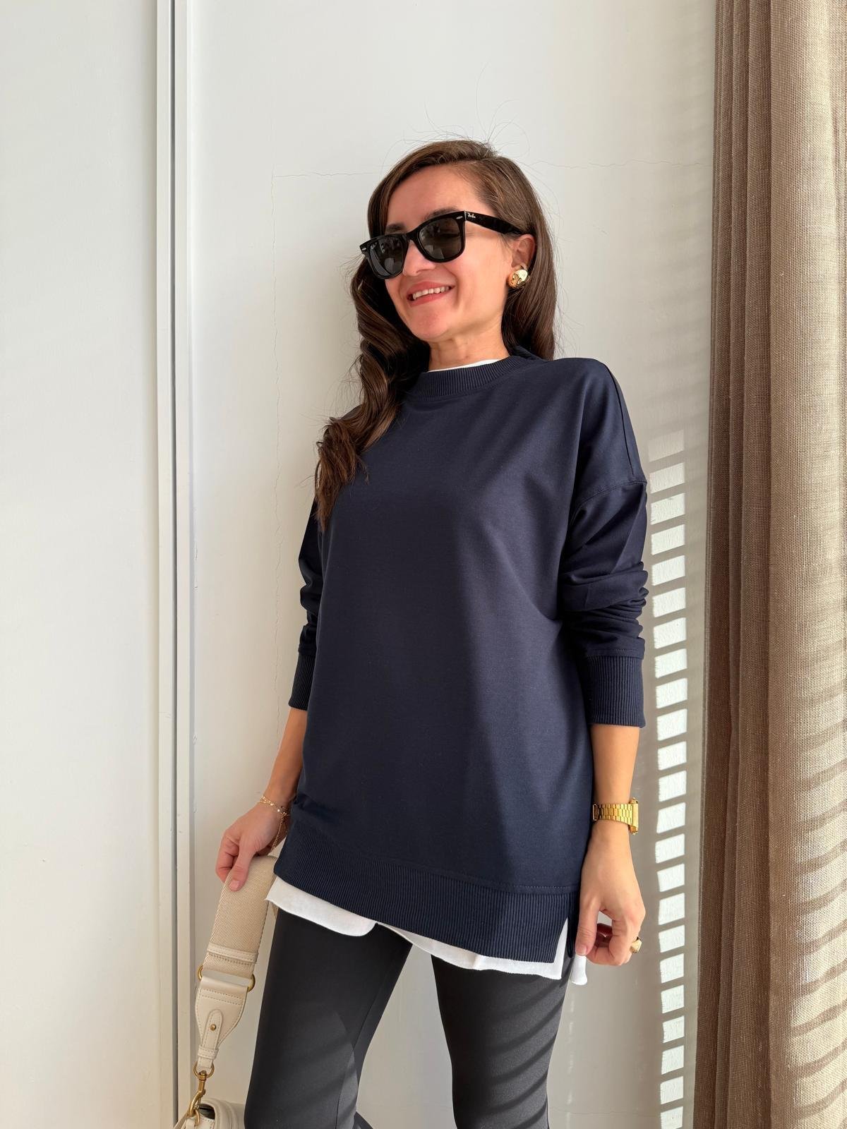 Lacivert Basic İki İplik Sweatshirt 9002