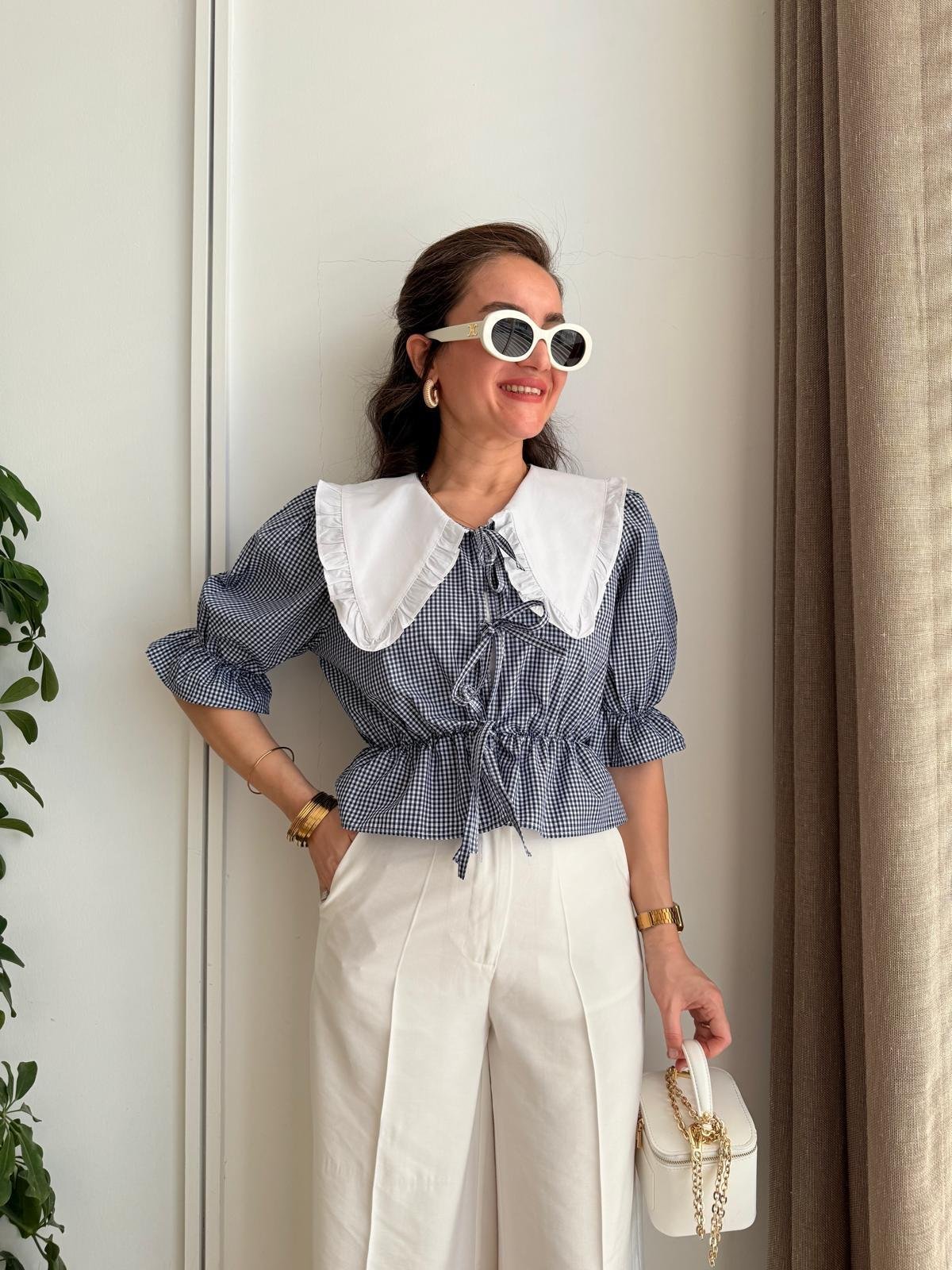 Lacivert Bebe Yaka Bağlama Detaylı Bluz 34673