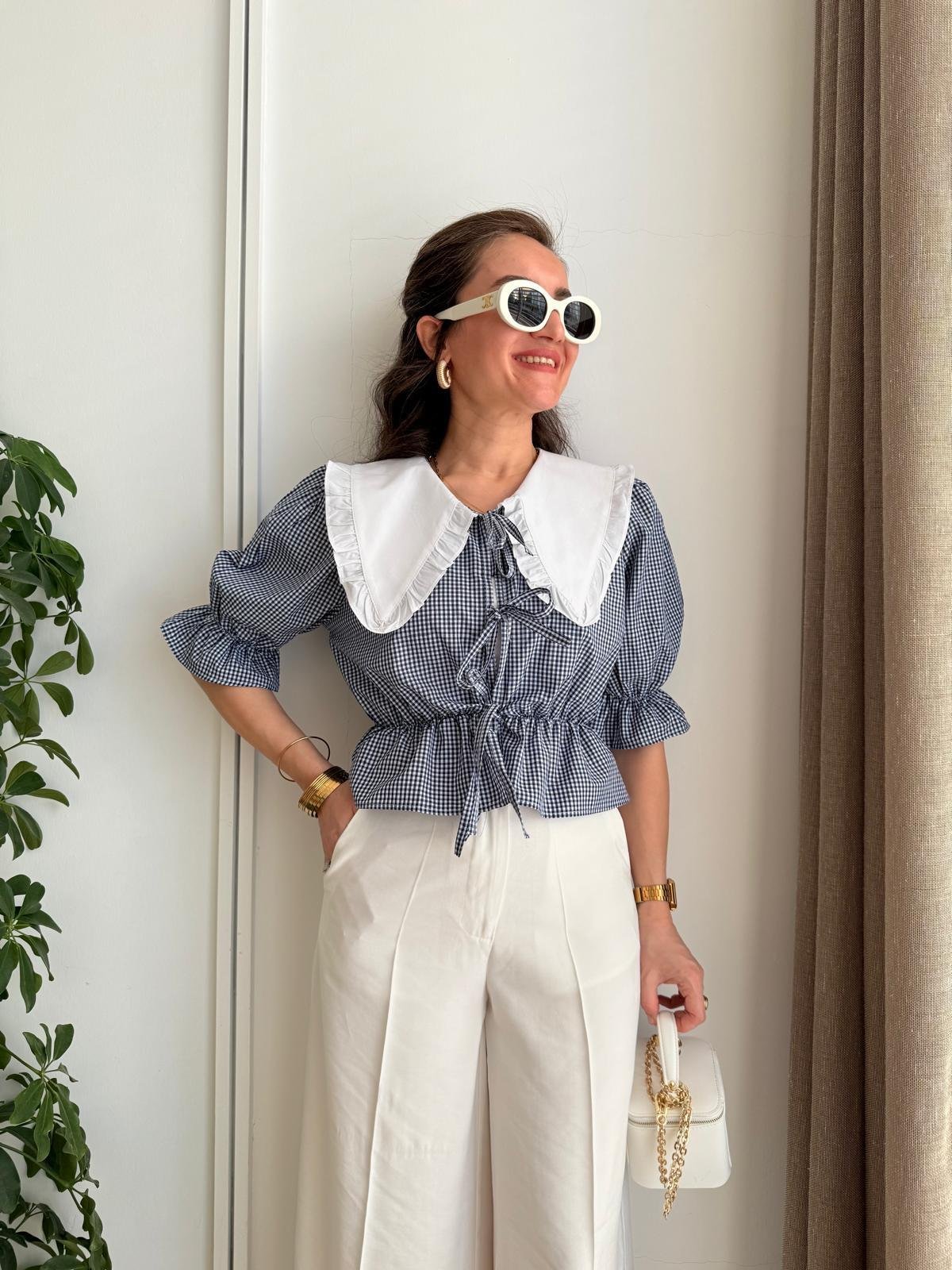 Lacivert Bebe Yaka Bağlama Detaylı Bluz 34673