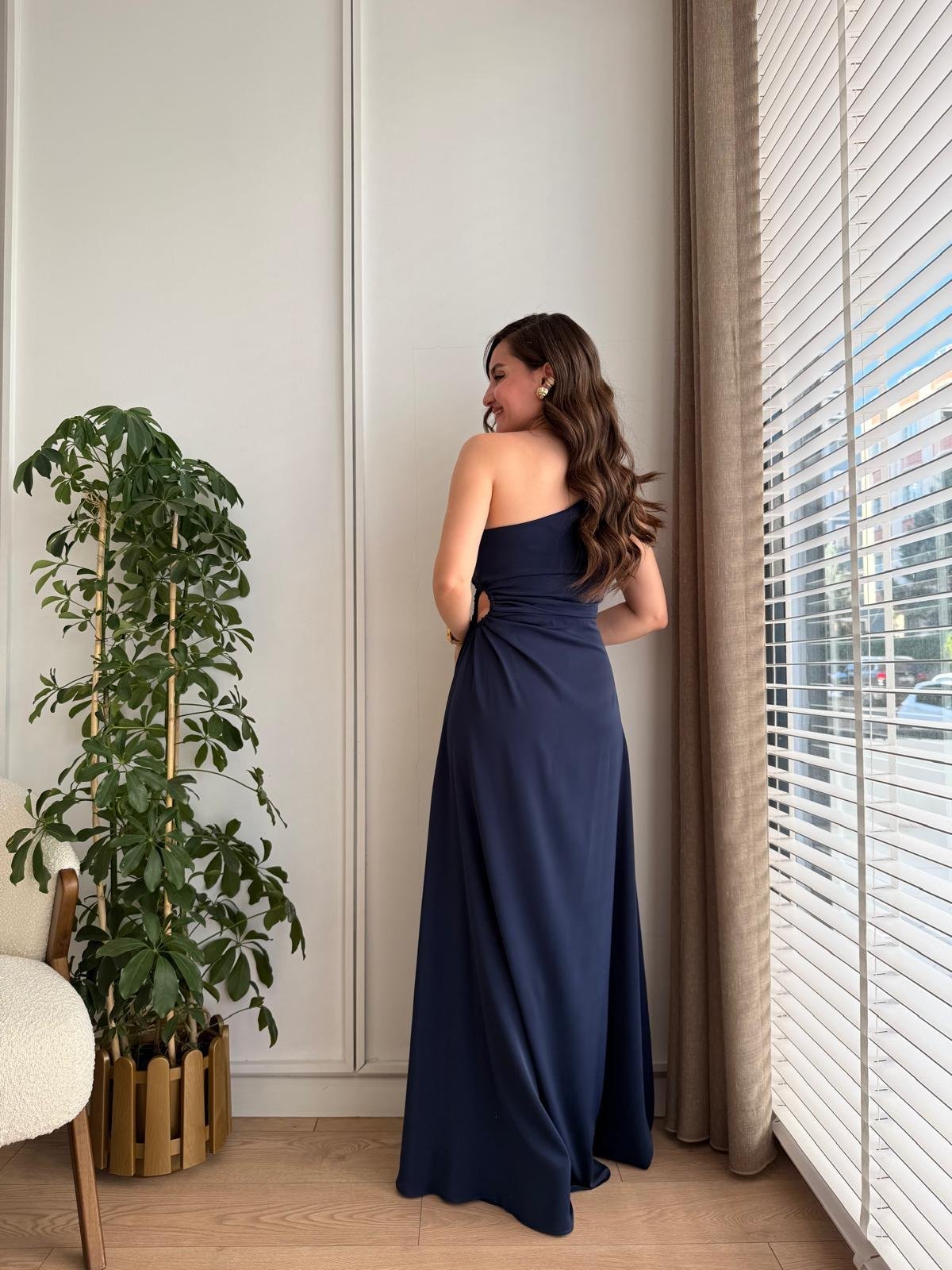 Lacivert Bel Dekolteli Tek Omuz Elbise 5956