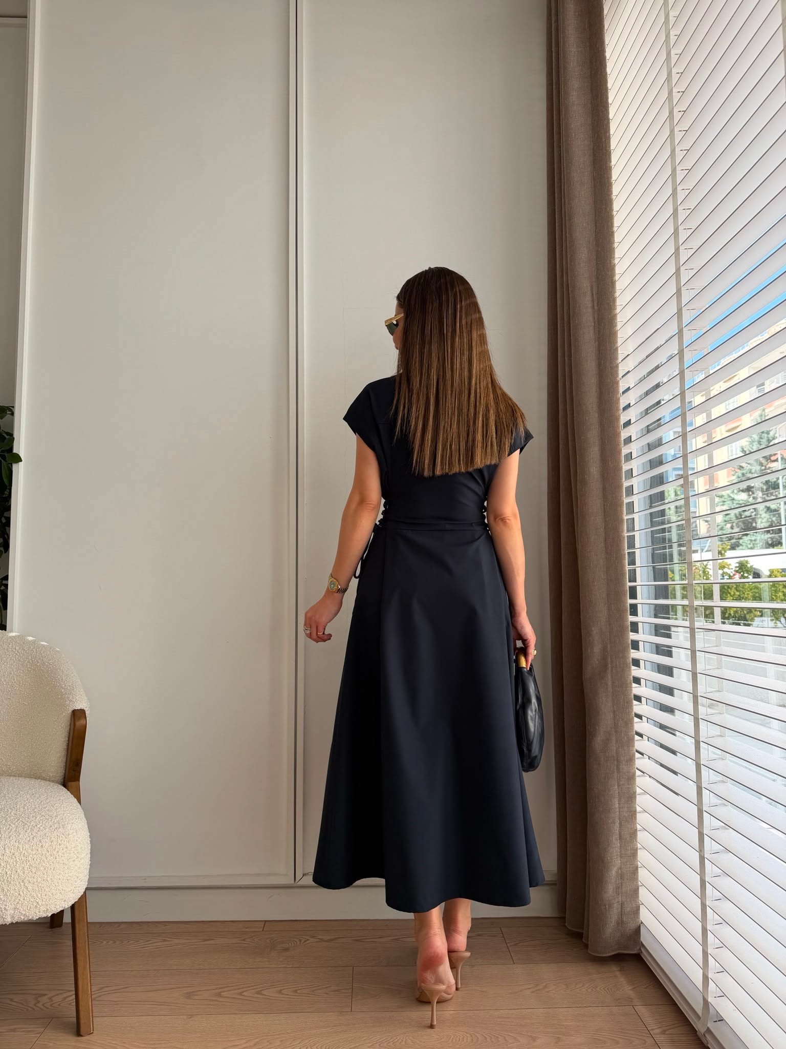 Lacivert Bel Detaylı Zincirli Paraşüt Kumaş Elbise 37398