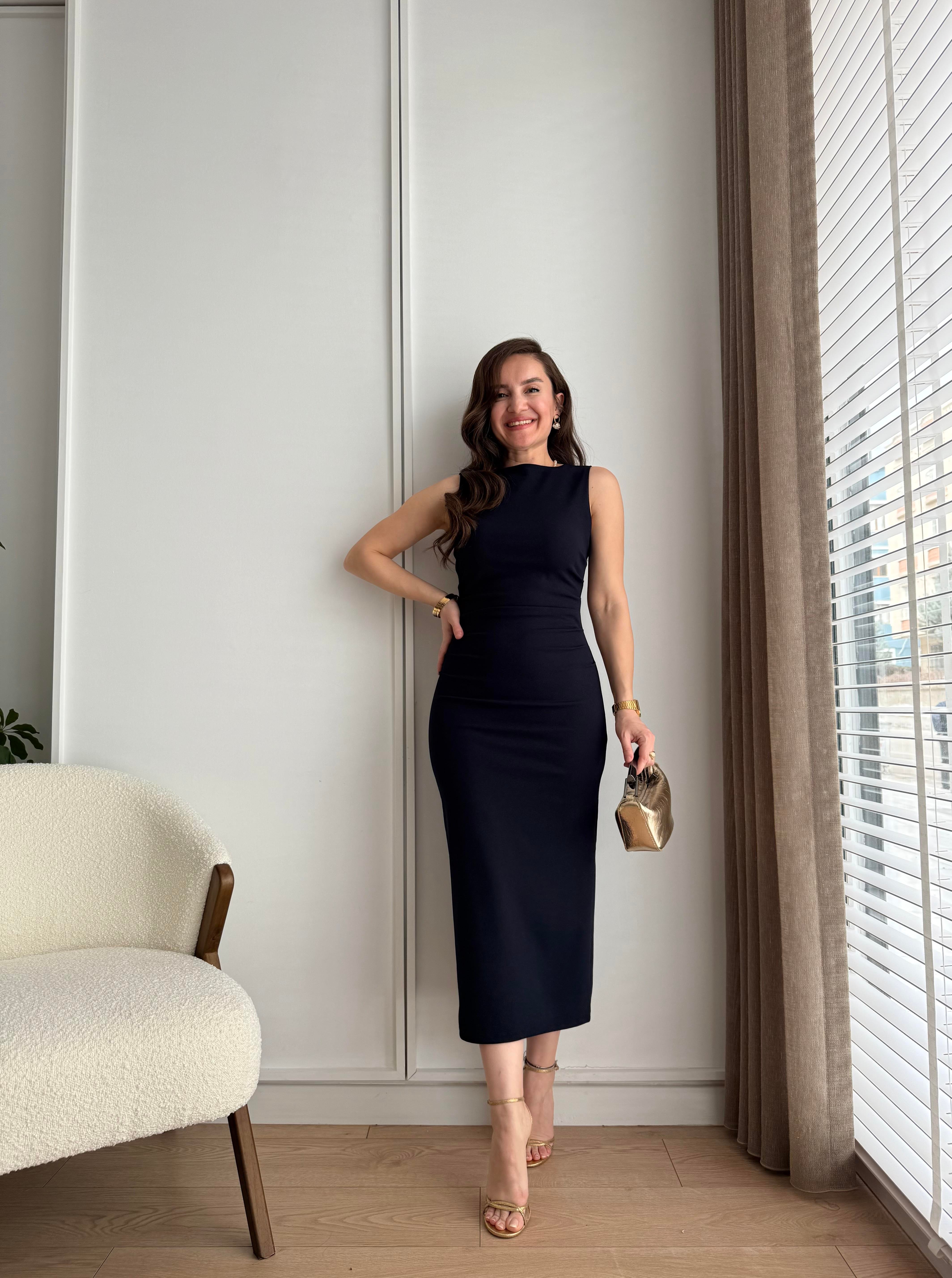 Lacivert Bel Drape Detaylı Yırtmaçlı Elbise 1216