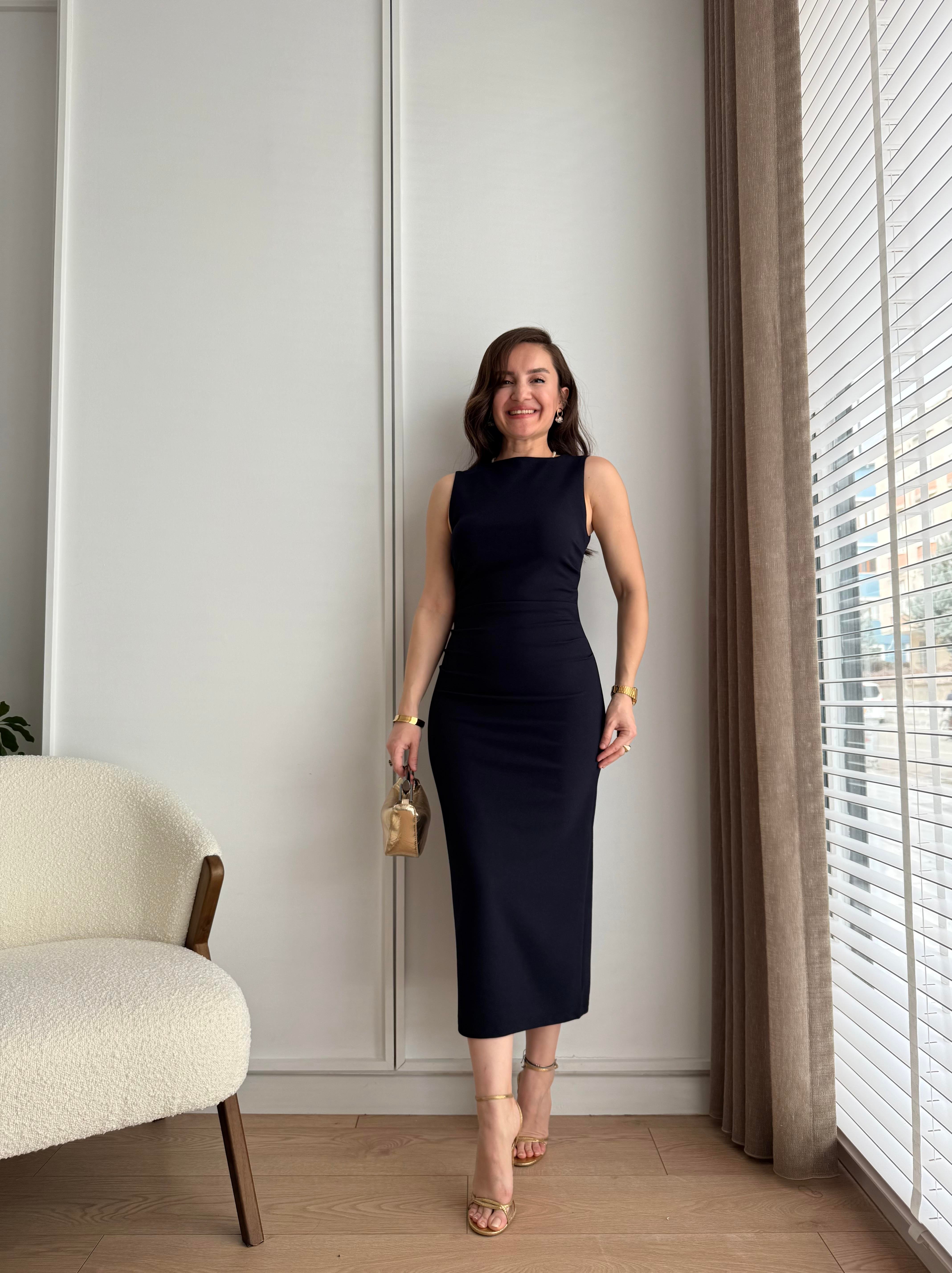 Lacivert Bel Drape Detaylı Yırtmaçlı Elbise 1216