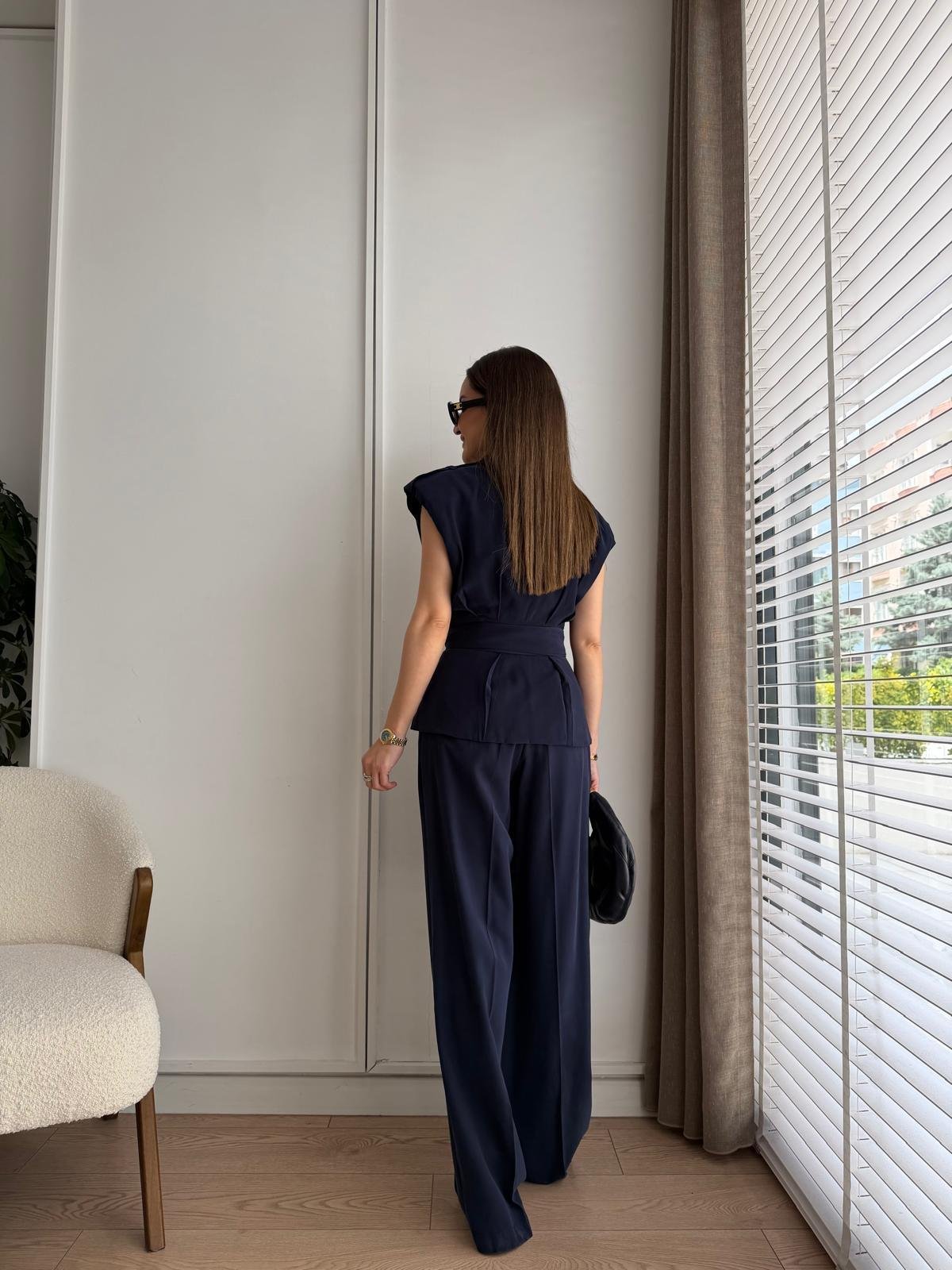 Lacivert Bel Kuşaklı Yelek Pantolon Takım 580769