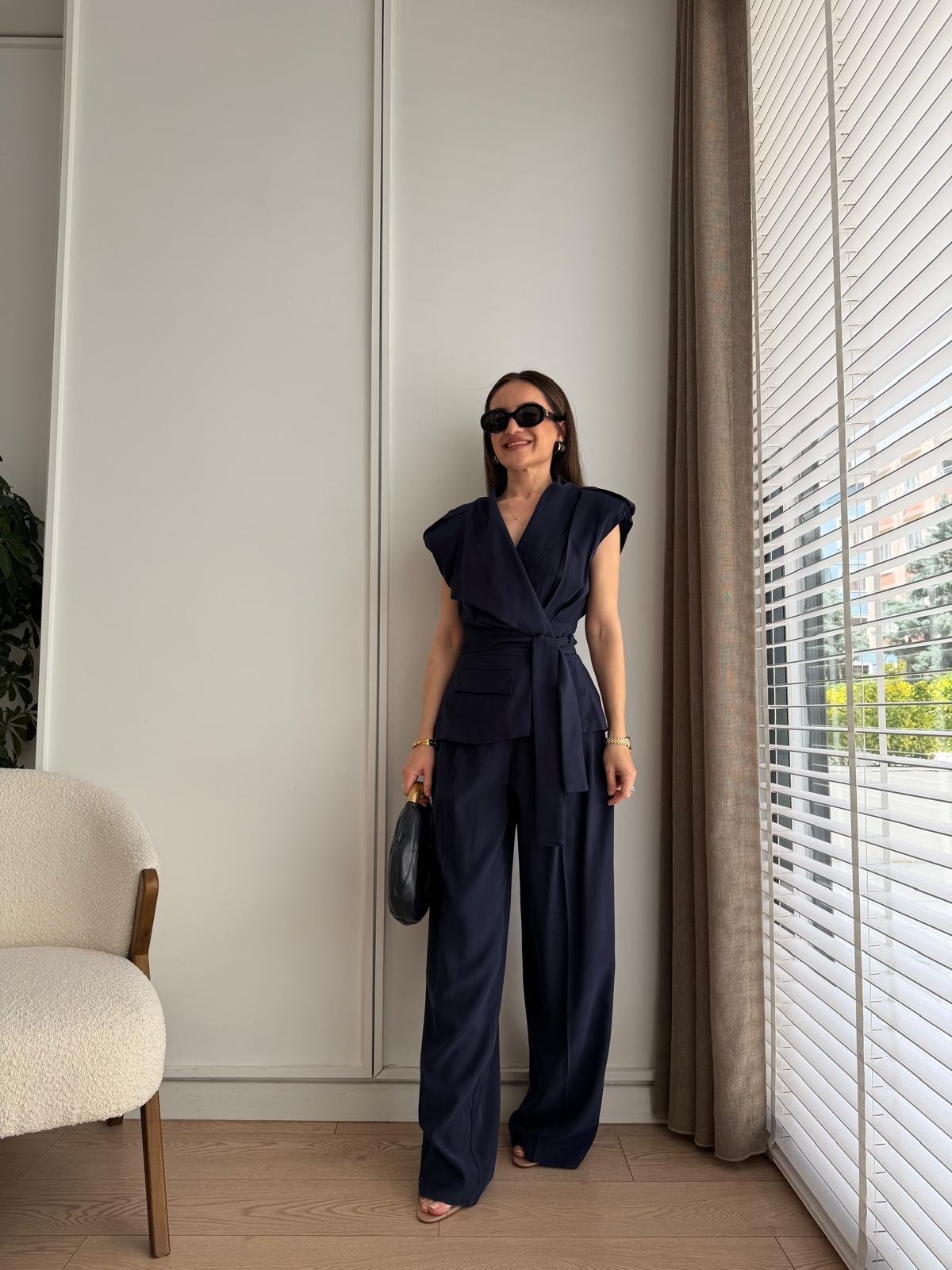 Lacivert Bel Kuşaklı Yelek Pantolon Takım 580769