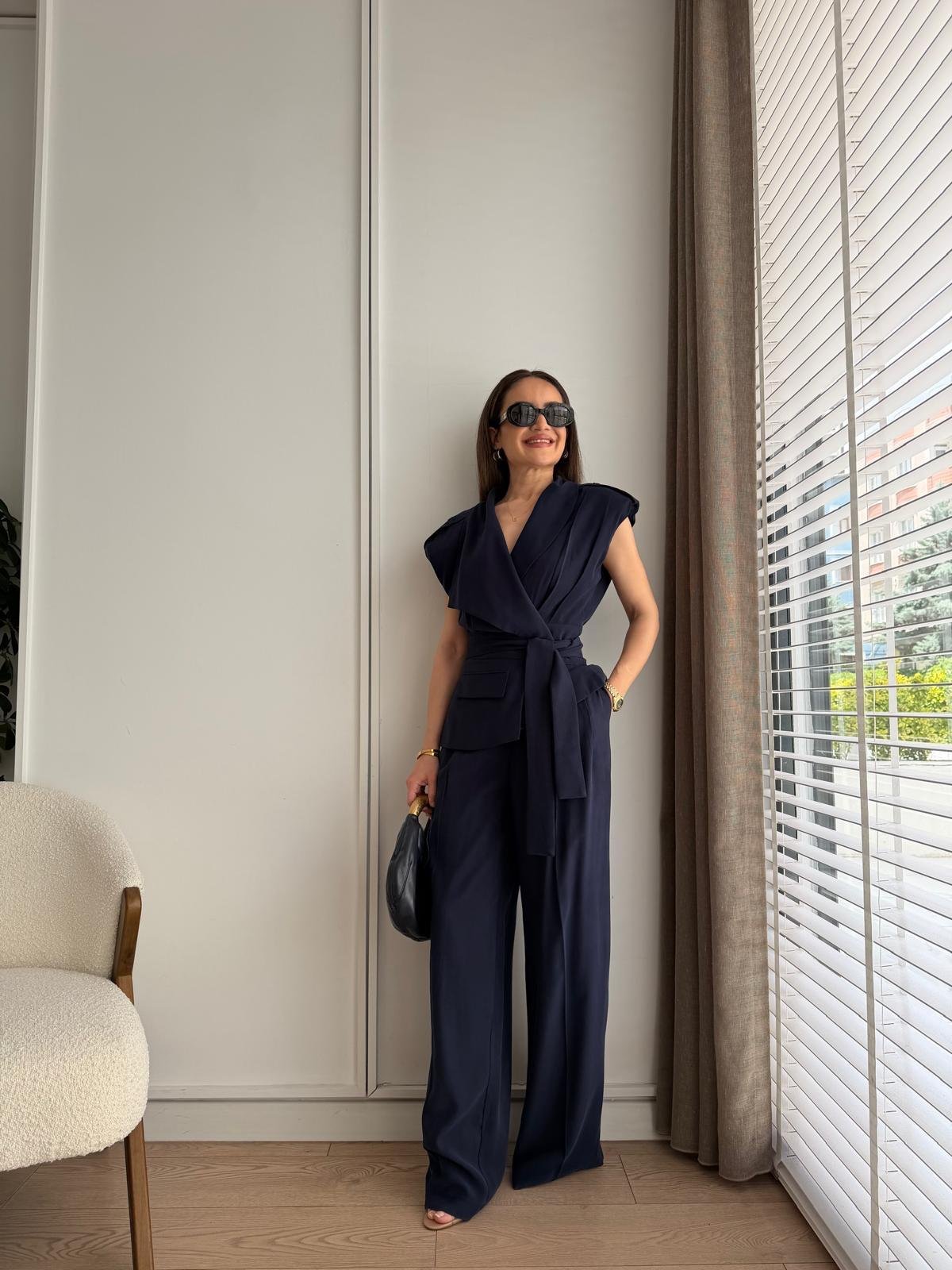 Lacivert Bel Kuşaklı Yelek Pantolon Takım 580769