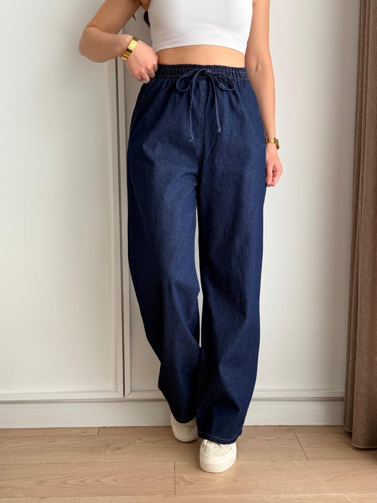 Lacivert Bel Lastikli Geniş Paça Denim Pantolon 3489