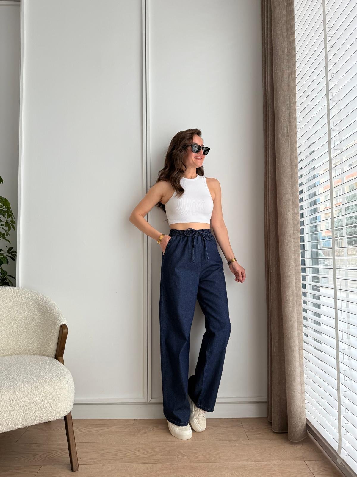 Lacivert Bel Lastikli Geniş Paça Denim Pantolon 3489