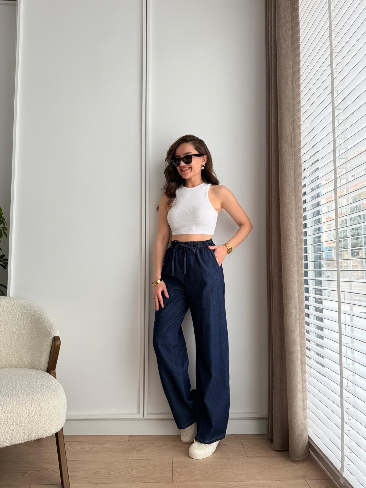 Lacivert Bel Lastikli Geniş Paça Denim Pantolon 3489