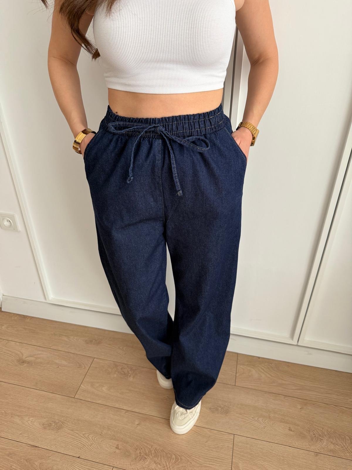 Lacivert Bel Lastikli Geniş Paça Denim Pantolon 3489