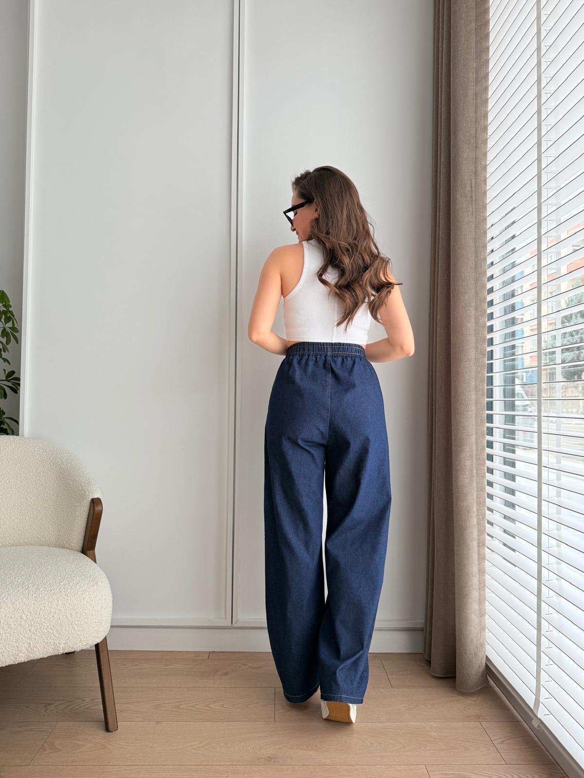 Lacivert Bel Lastikli Geniş Paça Denim Pantolon 3489