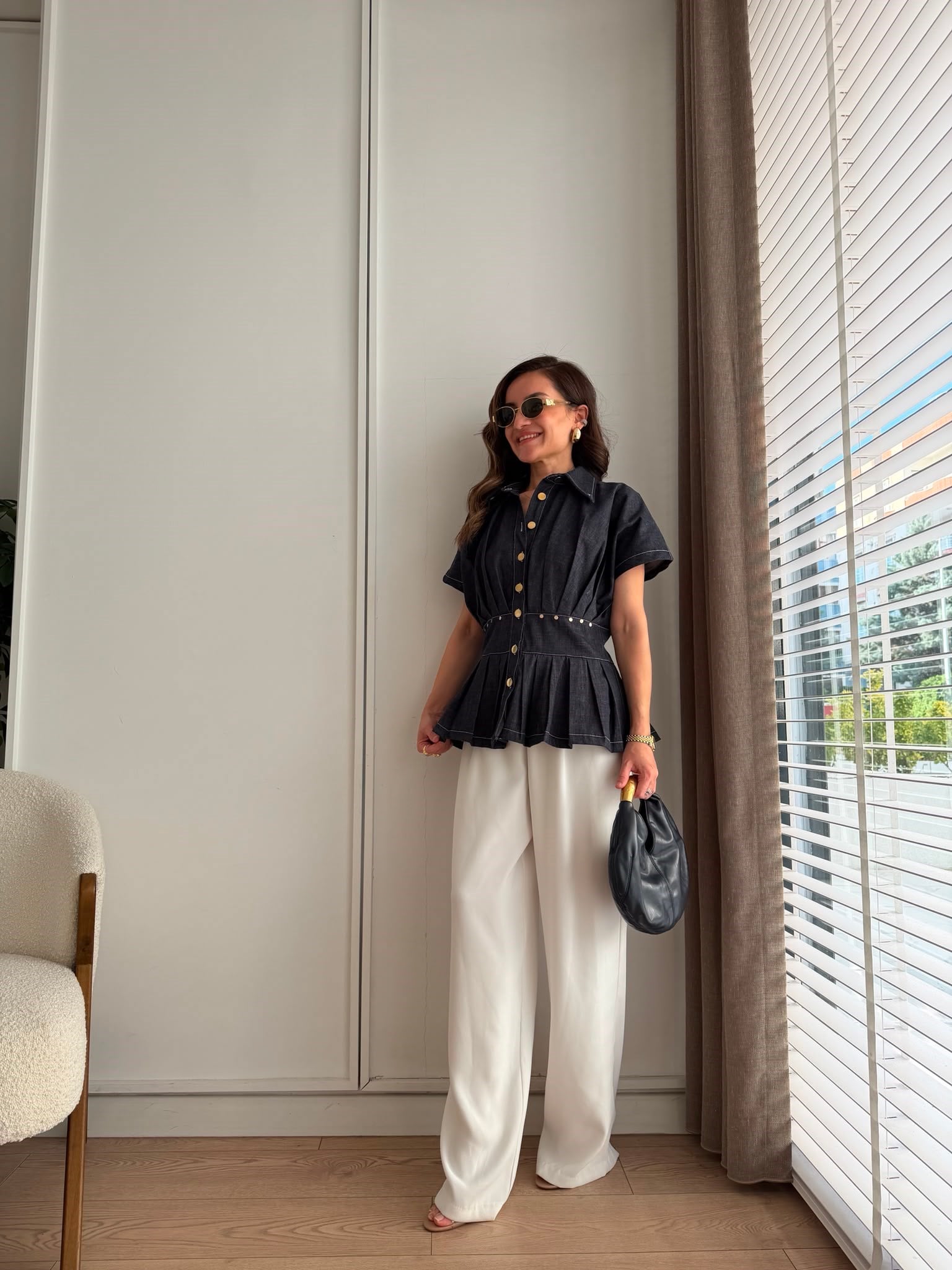 Lacivert Bel Oturtmalı Piliseli Denim Gömlek 37534
