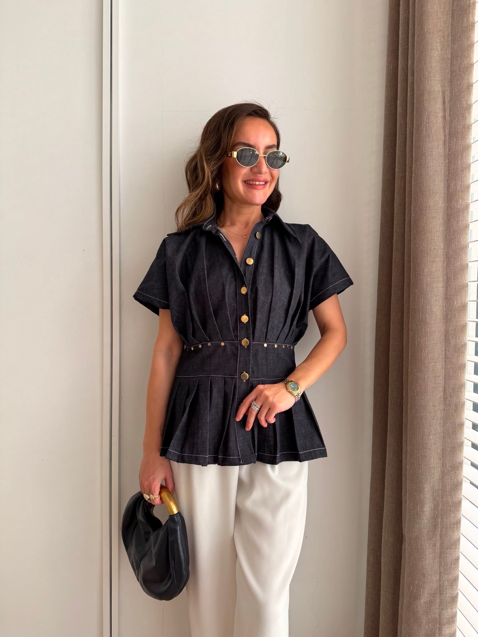 Lacivert Bel Oturtmalı Piliseli Denim Gömlek 37534