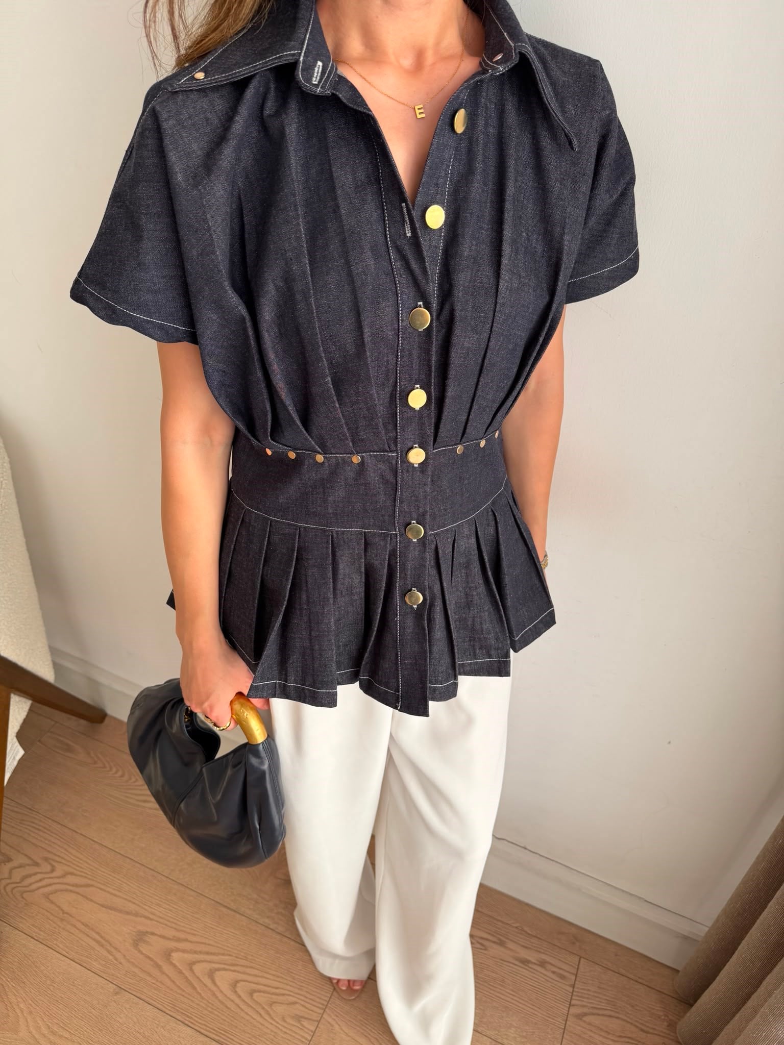 Lacivert Bel Oturtmalı Piliseli Denim Gömlek 37534