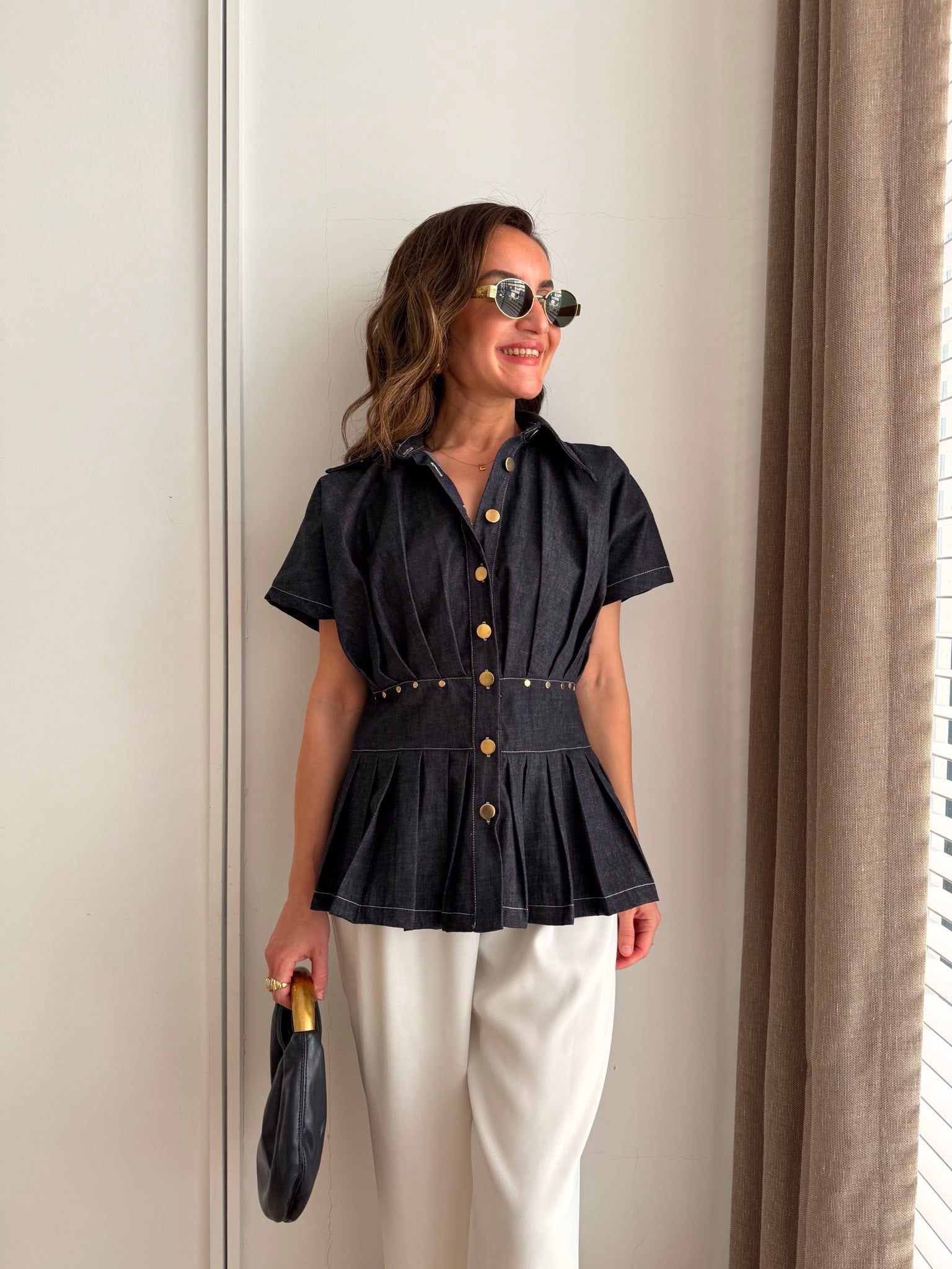 Lacivert Bel Oturtmalı Piliseli Denim Gömlek 37534