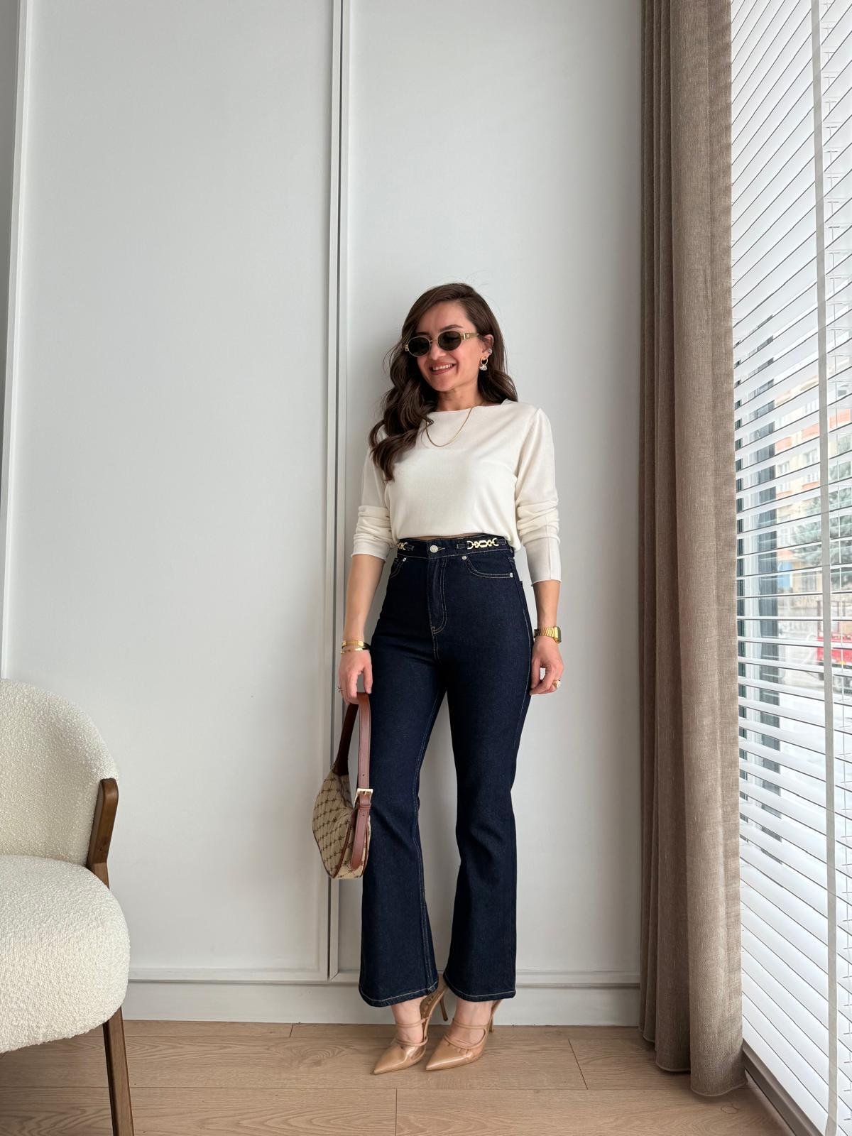 Lacivert Bel Toka Detaylı Flare Jean 251002